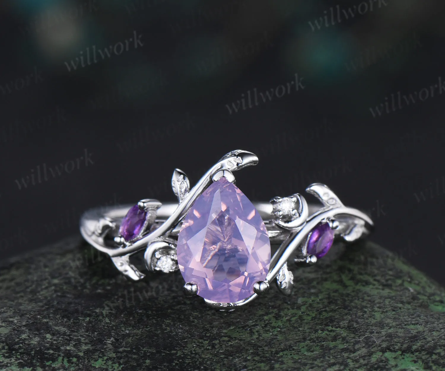 Unique Pear Cut Lavender Amethyst Moon Leaf Ring & Twig Engraved Men Band Nature Inspired His and Her Couple Rings sold by Willwork Jewelry product image thumbnail 4