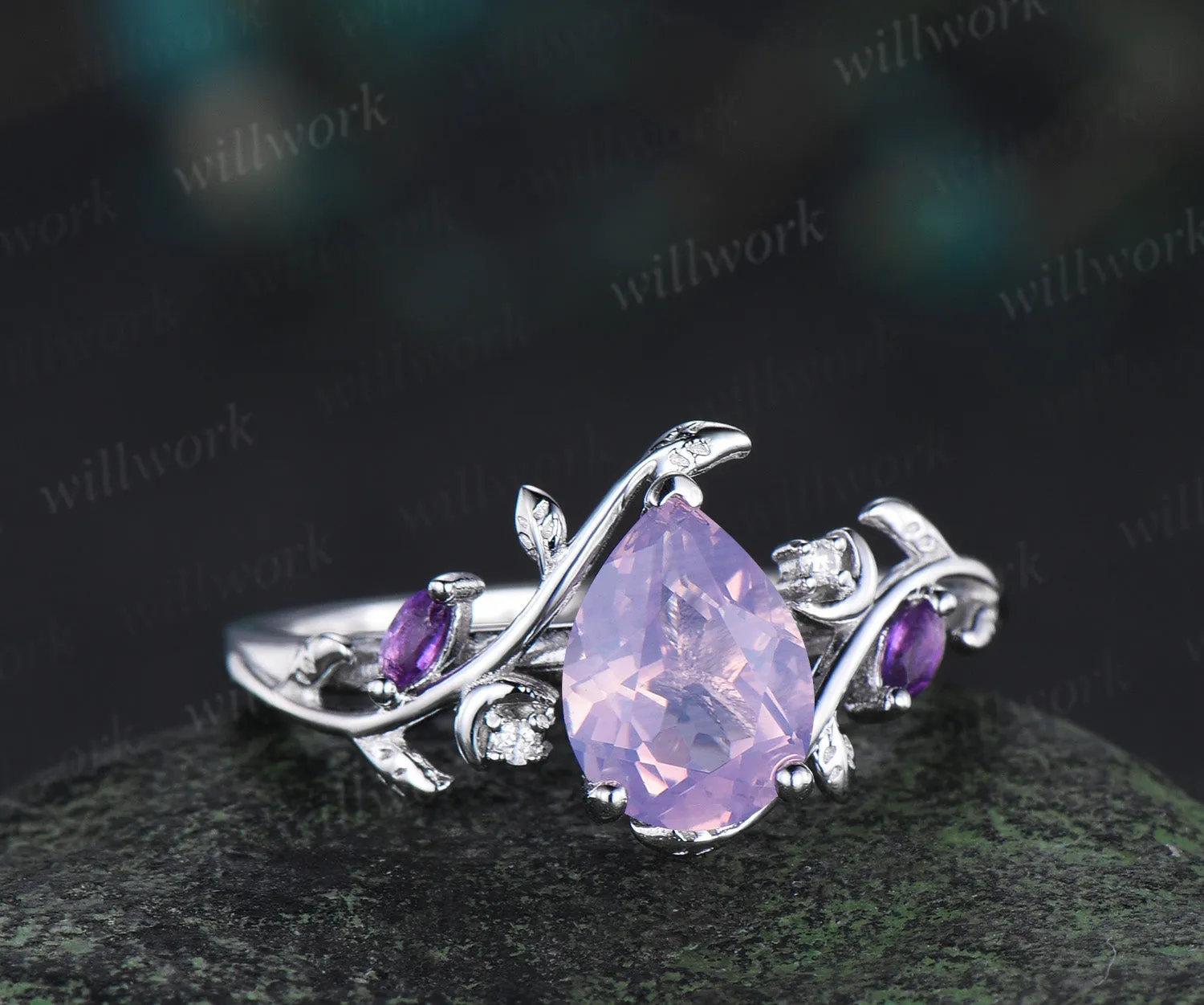Unique Pear Cut Lavender Amethyst Moon Leaf Ring & Twig Engraved Men Band Nature Inspired His and Her Couple Rings sold by Willwork Jewelry product image thumbnail 5