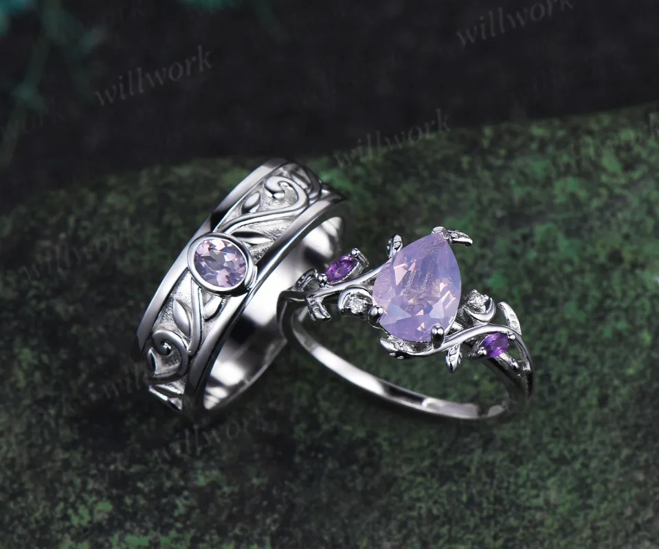 Unique Pear Cut Lavender Amethyst Moon Leaf Ring & Twig Engraved Men Band Nature Inspired His and Her Couple Rings made by Willwork Jewelry