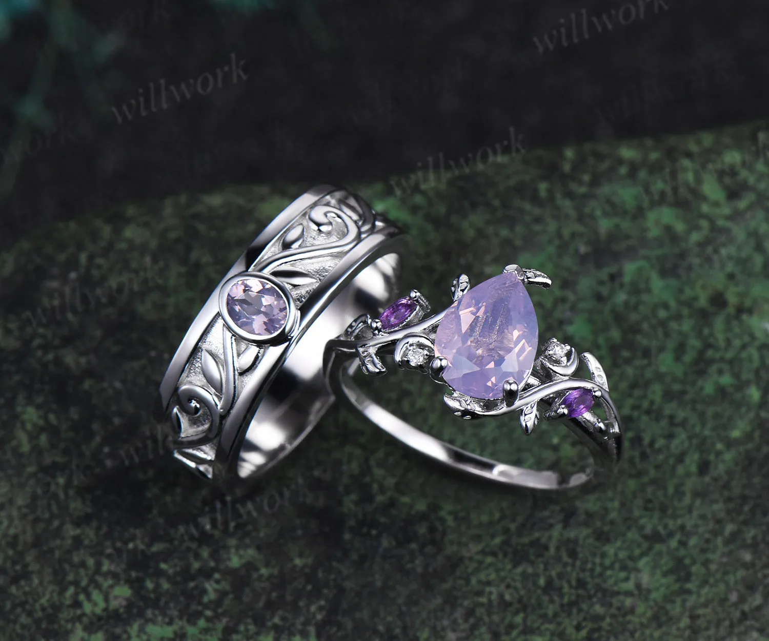 Unique Pear Cut Lavender Amethyst Moon Leaf Ring & Twig Engraved Men Band Nature Inspired His and Her Couple Rings sold by Willwork Jewelry