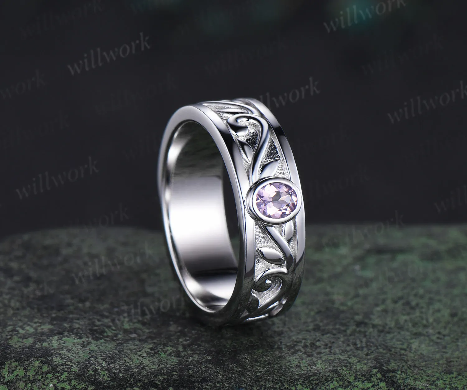 Unique Pear Cut Lavender Amethyst Moon Leaf Ring & Twig Engraved Men Band Nature Inspired His and Her Couple Rings sold by Willwork Jewelry product image thumbnail 3