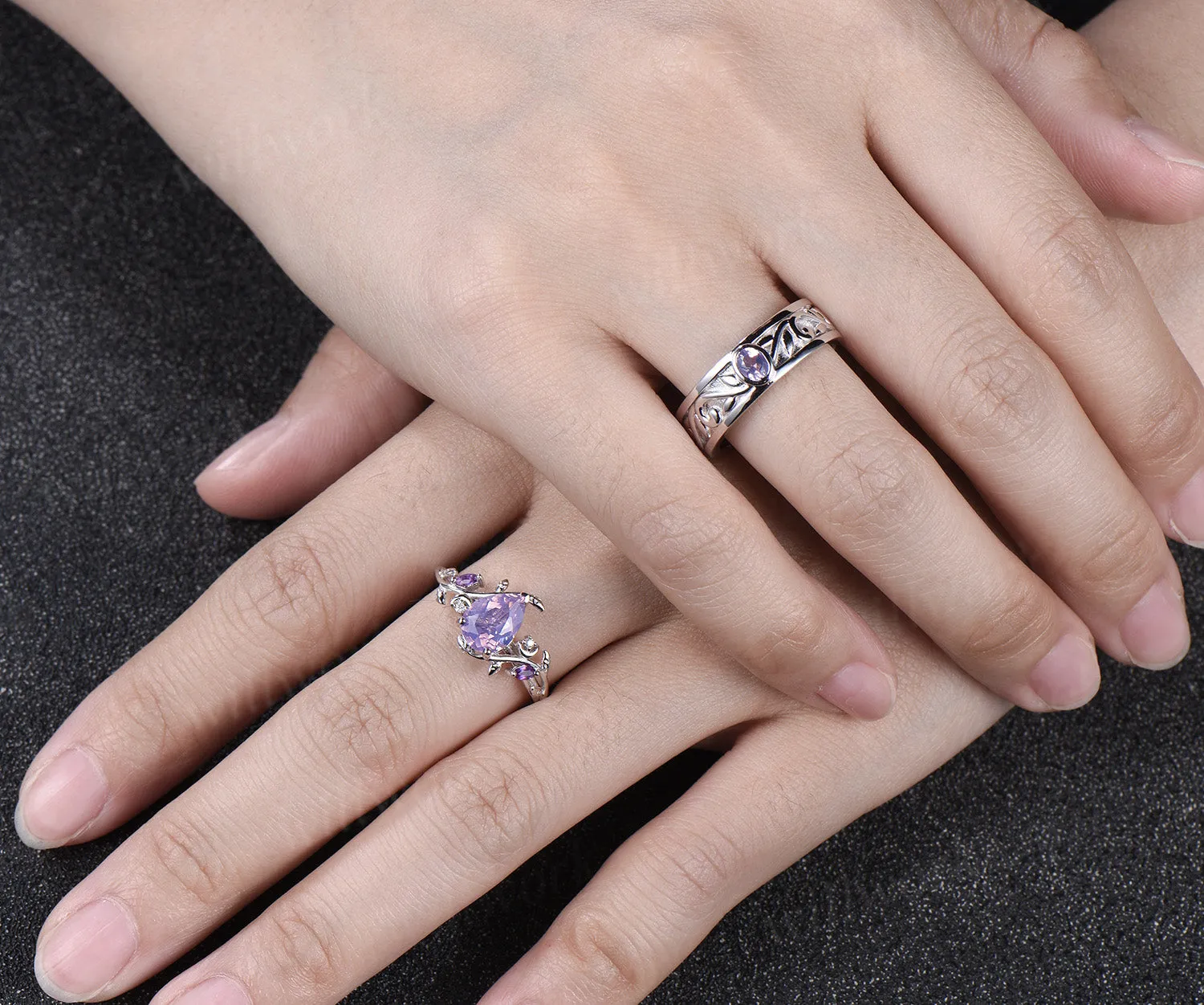 Unique Pear Cut Lavender Amethyst Moon Leaf Ring & Twig Engraved Men Band Nature Inspired His and Her Couple Rings sold by Willwork Jewelry product image thumbnail 2
