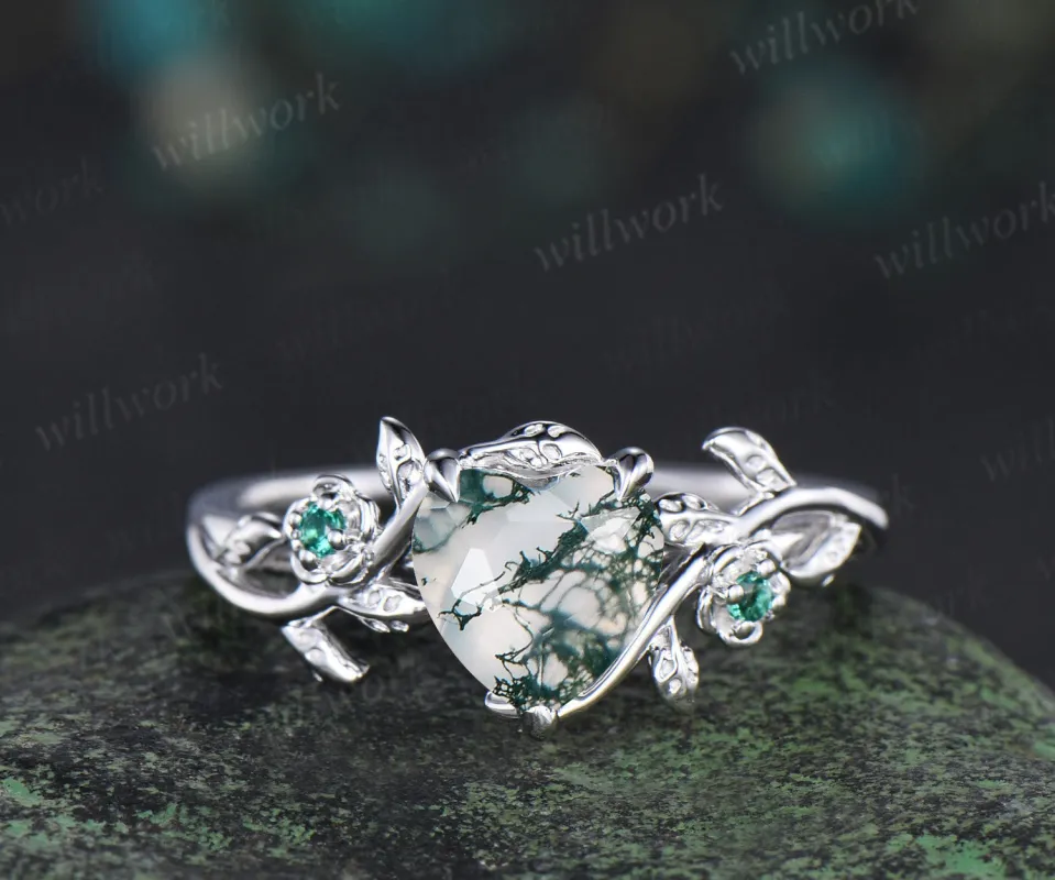 Heart cut green moss agate engagement ring women leaf floral emerald 14k white gold nature inspired promise wedding ring women gift sold by Willwork Jewelry