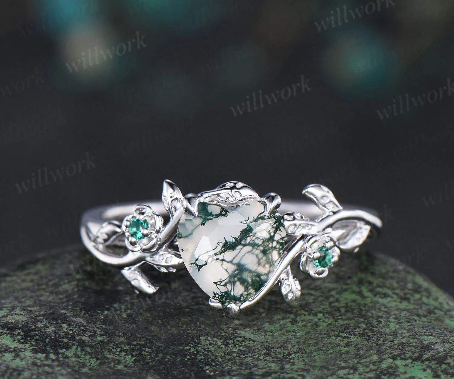 Heart cut green moss agate engagement ring women leaf floral emerald 14k white gold nature inspired promise wedding ring women gift sold by Willwork Jewelry