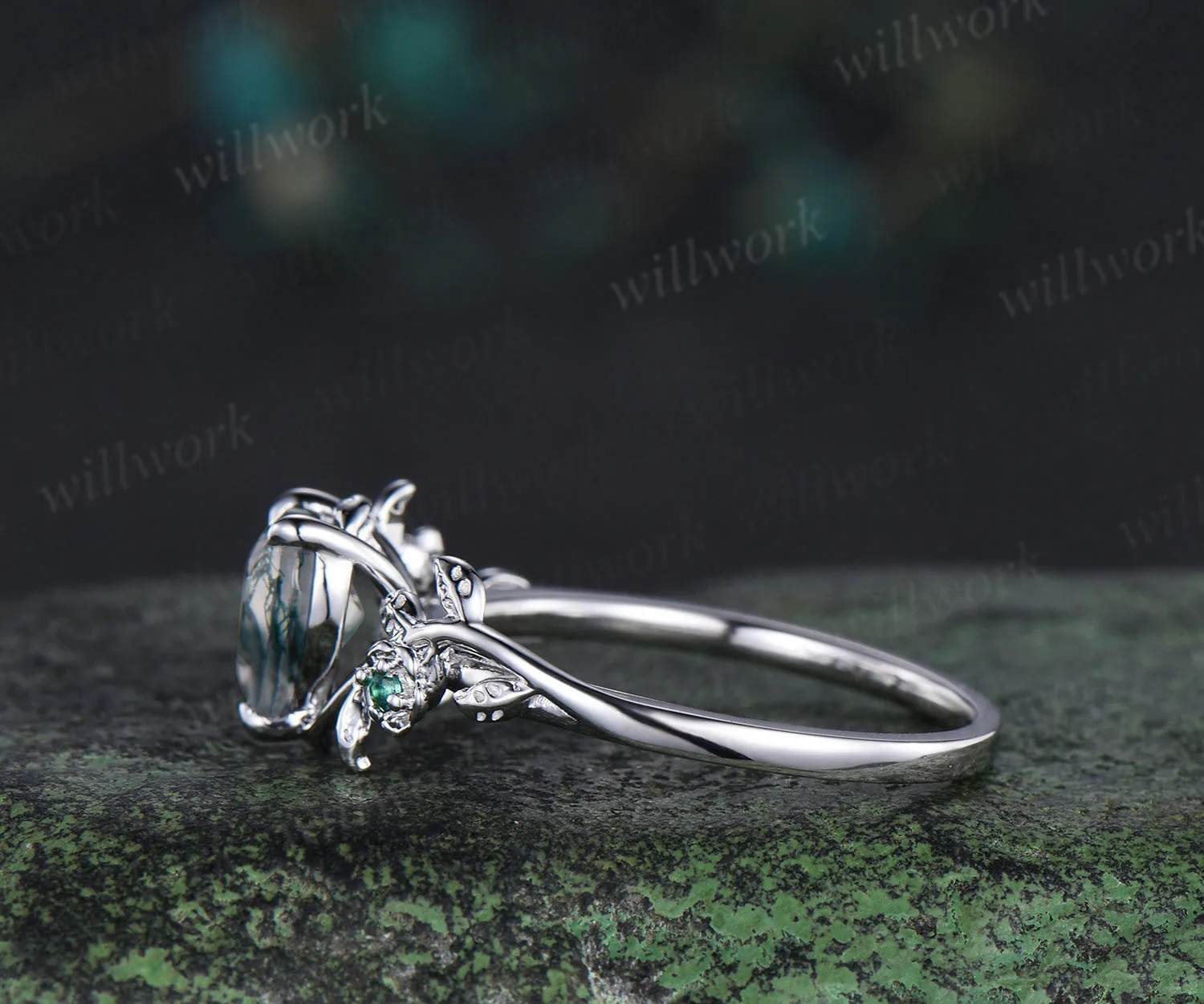 Heart cut green moss agate engagement ring women leaf floral emerald 14k white gold nature inspired promise wedding ring women gift sold by Willwork Jewelry product image thumbnail 4