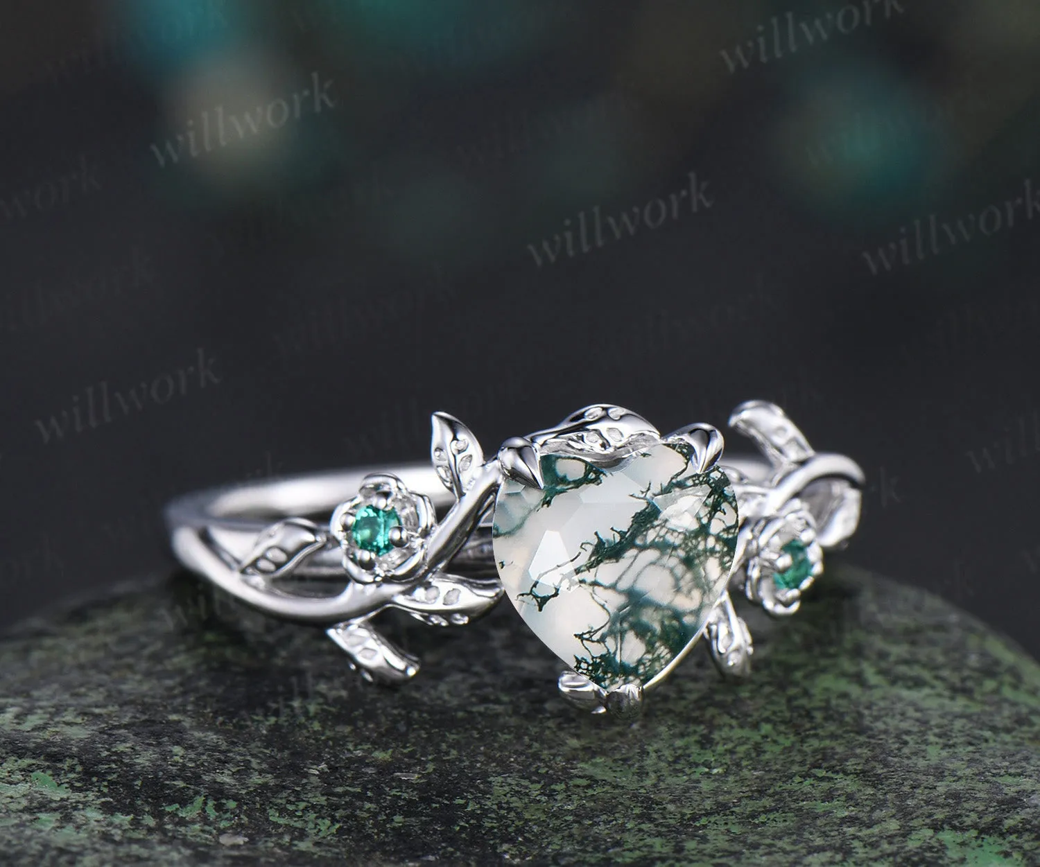 Heart cut green moss agate engagement ring women leaf floral emerald 14k white gold nature inspired promise wedding ring women gift sold by Willwork Jewelry product image thumbnail 2