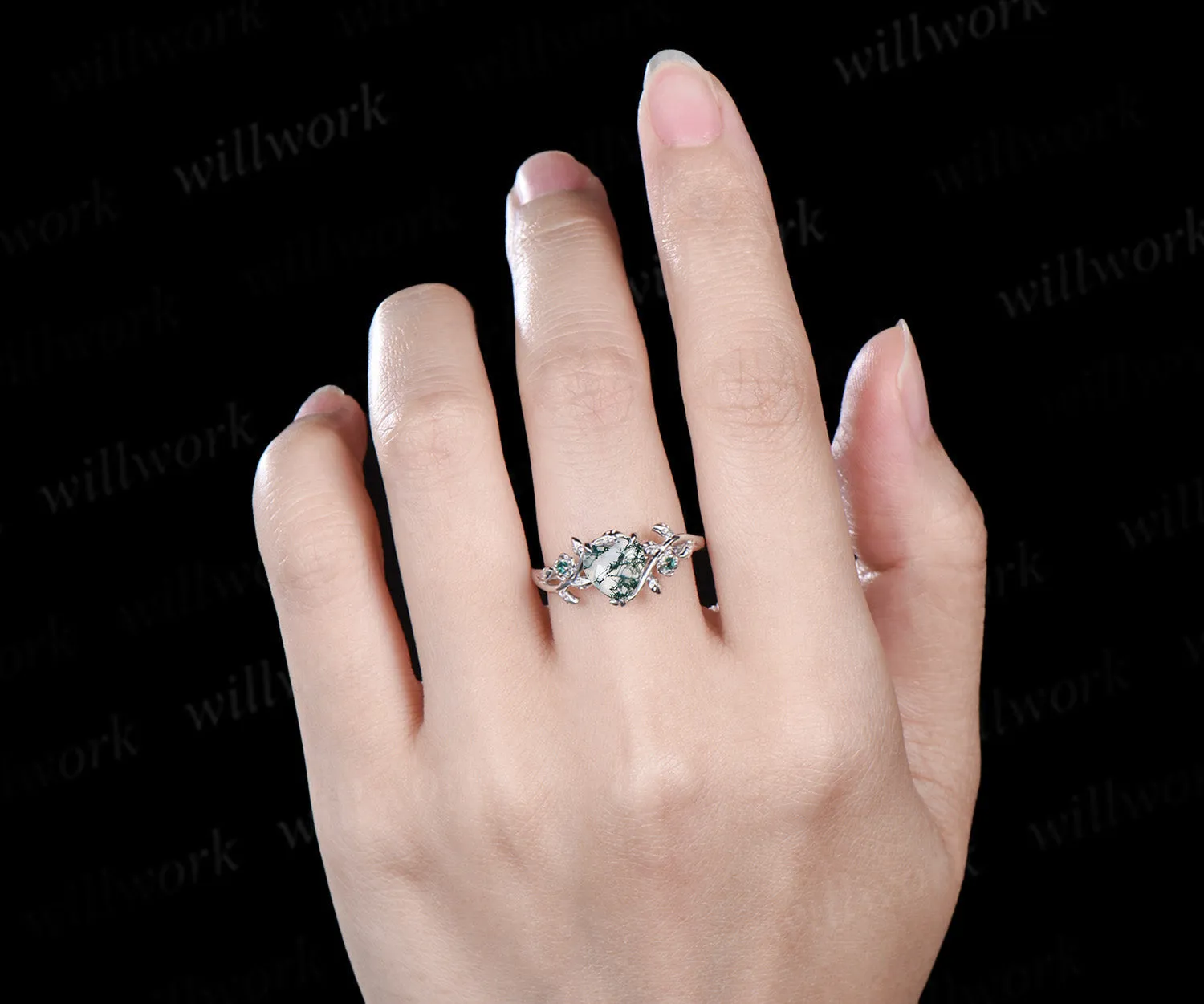 Heart cut green moss agate engagement ring women leaf floral emerald 14k white gold nature inspired promise wedding ring women gift sold by Willwork Jewelry product image thumbnail 3