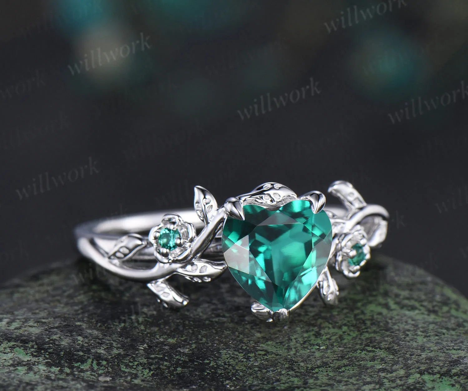 Heart cut green emerald leaf floral engagement ring women 14k white gold nature inspired promise wedding ring women gift sold by Willwork Jewelry product image thumbnail 2