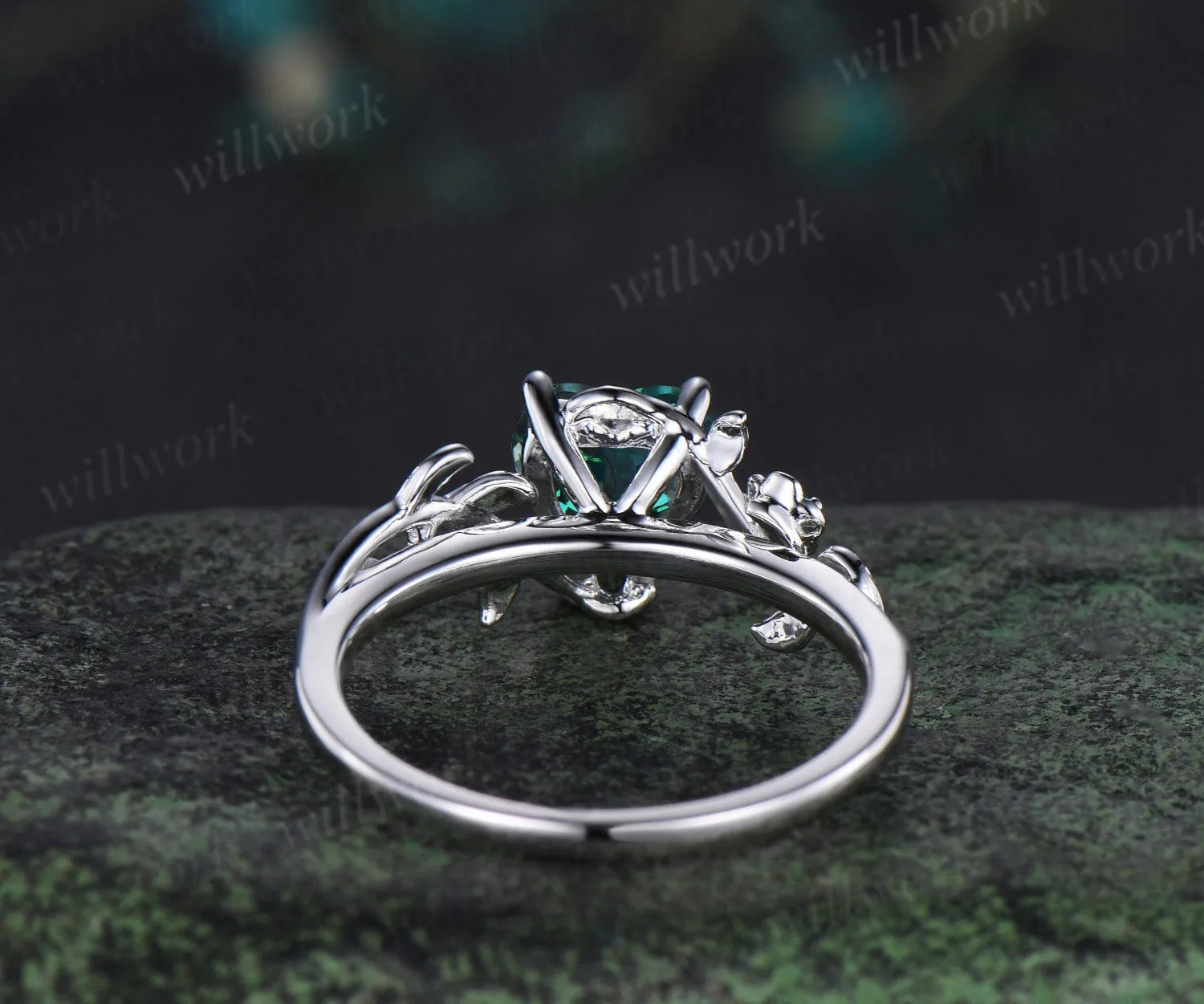 Heart cut green emerald leaf floral engagement ring women 14k white gold nature inspired promise wedding ring women gift sold by Willwork Jewelry product image thumbnail 5