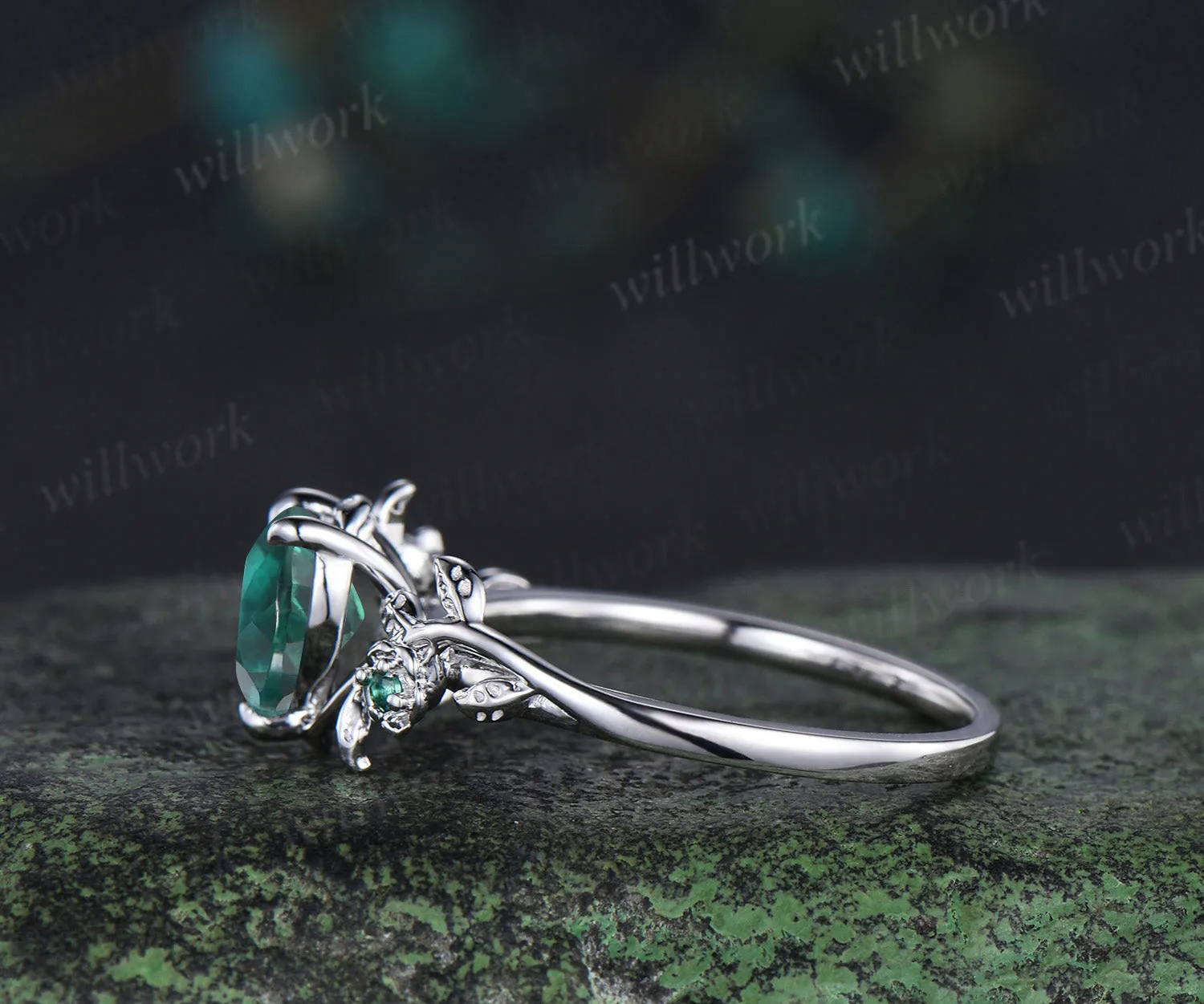 Heart cut green emerald leaf floral engagement ring women 14k white gold nature inspired promise wedding ring women gift sold by Willwork Jewelry product image thumbnail 4