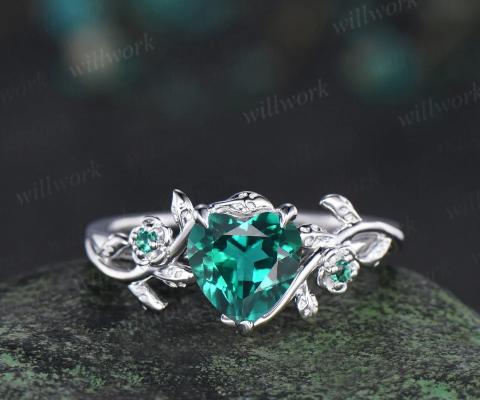 Heart cut green emerald leaf floral engagement ring women 14k white gold nature inspired promise wedding ring women gift sold by Willwork Jewelry