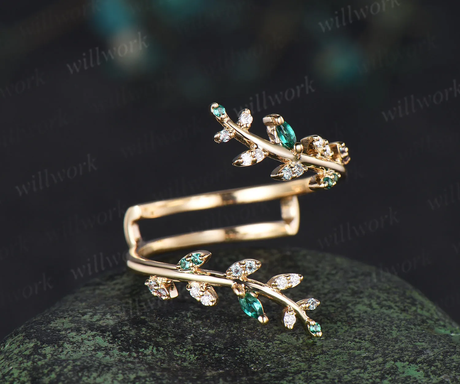 Emerald alexandrite leaf wedding band enhancer wraps solid 14k yellow gold cluster double open gap diamond ring women art deco anniversary gift sold by Willwork Jewelry product image thumbnail 2