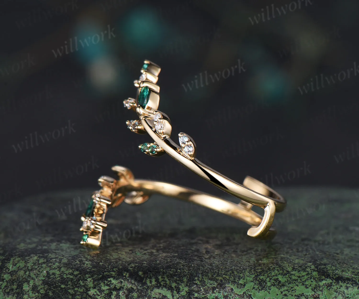 Emerald alexandrite leaf wedding band enhancer wraps solid 14k yellow gold cluster double open gap diamond ring women art deco anniversary gift sold by Willwork Jewelry product image thumbnail 4