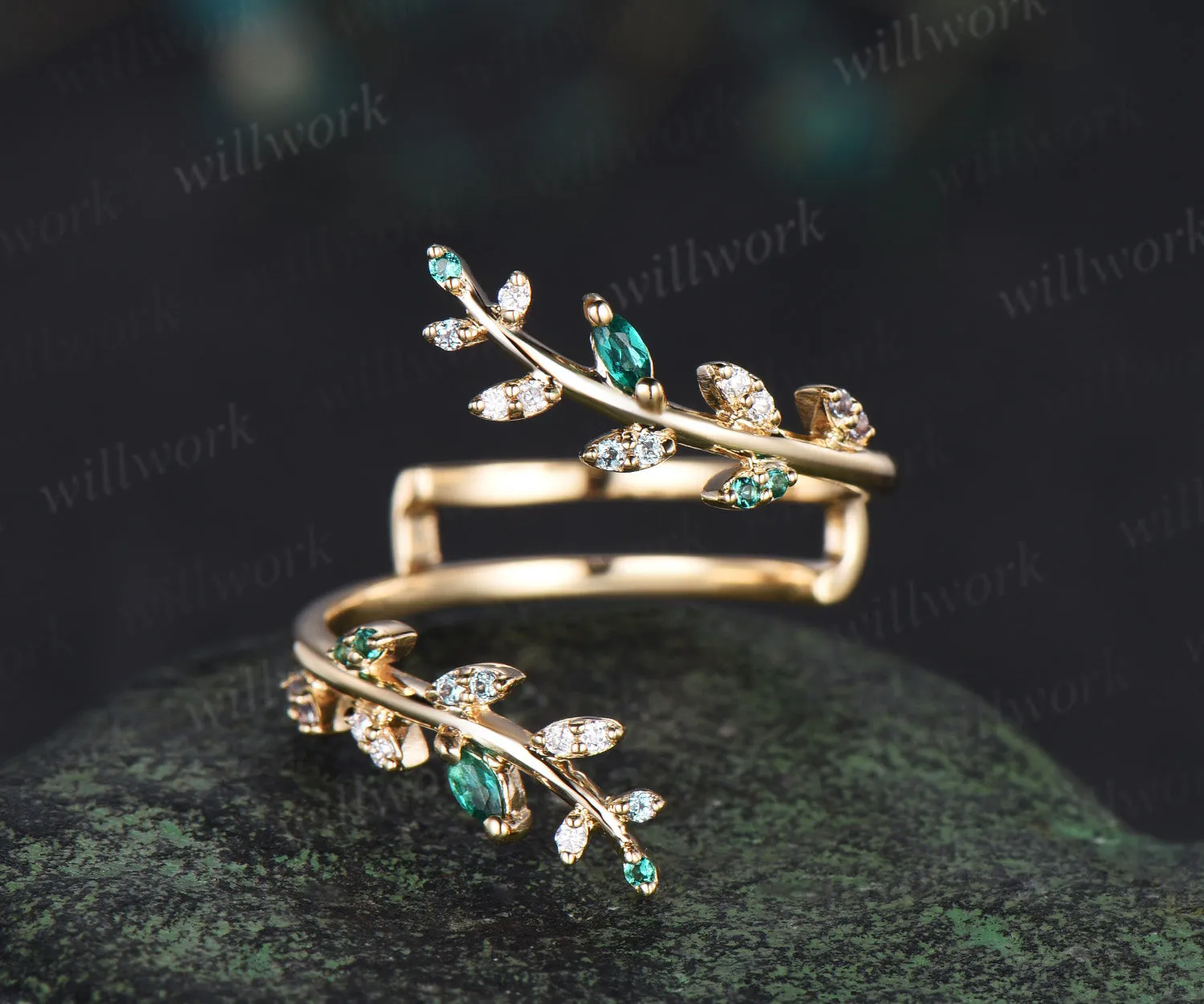 Emerald alexandrite leaf wedding band enhancer wraps solid 14k yellow gold cluster double open gap diamond ring women art deco anniversary gift sold by Willwork Jewelry