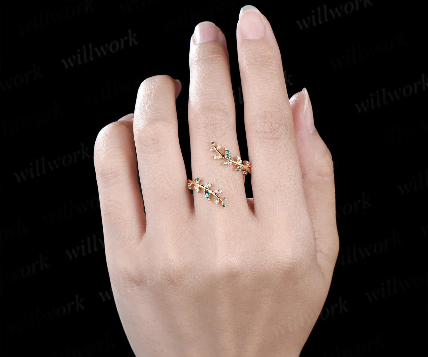 Emerald alexandrite leaf wedding band enhancer wraps solid 14k yellow gold cluster double open gap diamond ring women art deco anniversary gift sold by Willwork Jewelry product image thumbnail 3
