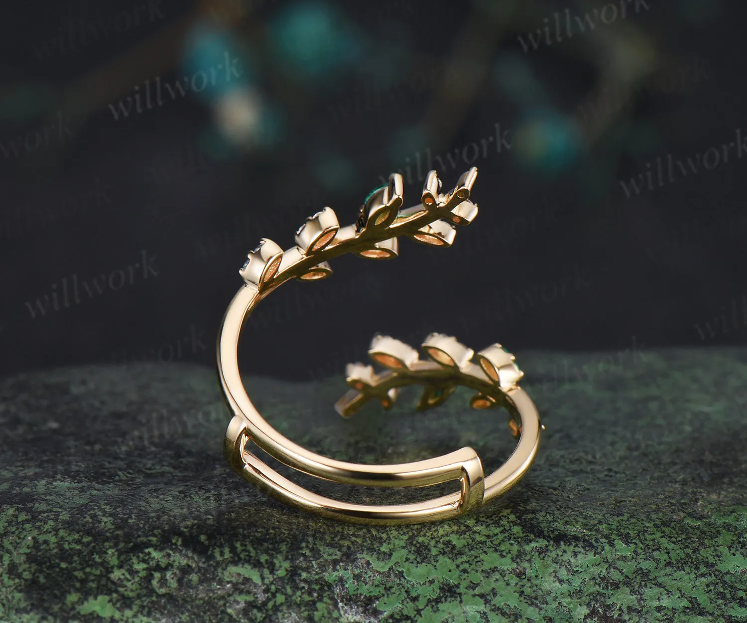 Emerald alexandrite leaf wedding band enhancer wraps solid 14k yellow gold cluster double open gap diamond ring women art deco anniversary gift sold by Willwork Jewelry product image thumbnail 5