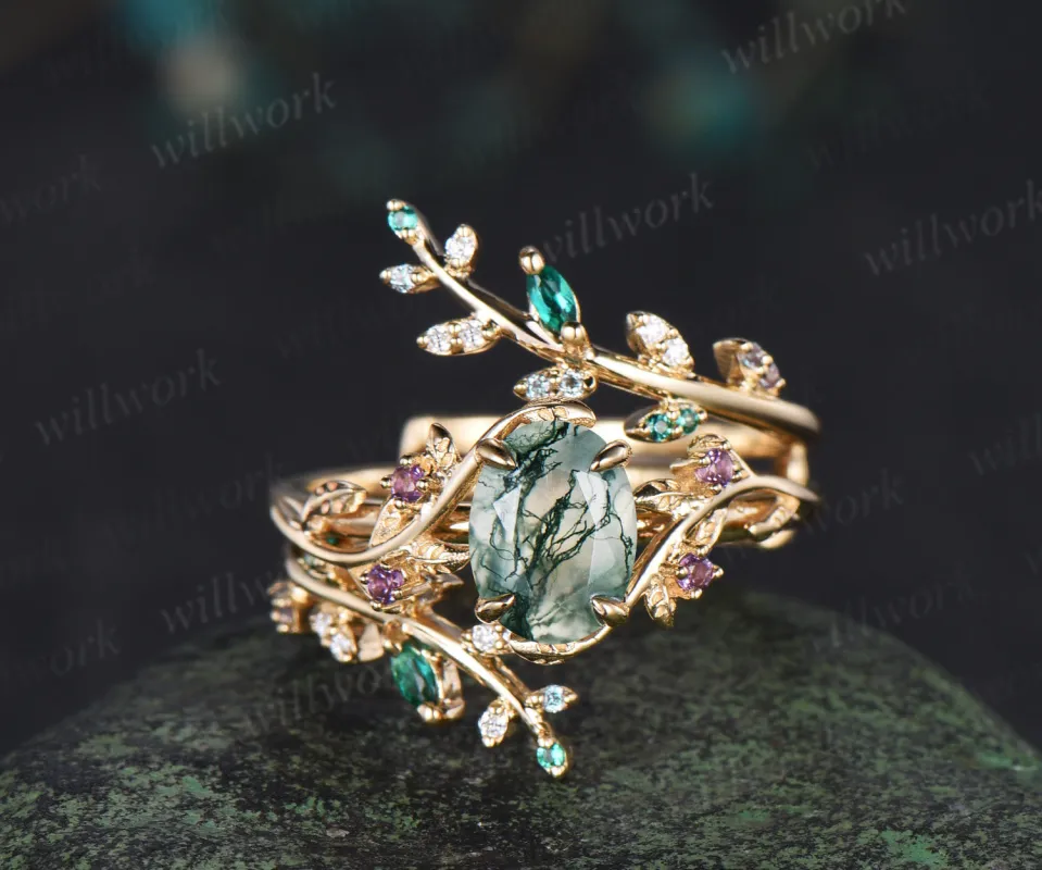 Oval cut moss agate engagement ring 14k yellow gold leaf amethyst emerald alexandrite wedding band enhancer women bridal ring set made by Willwork Jewelry