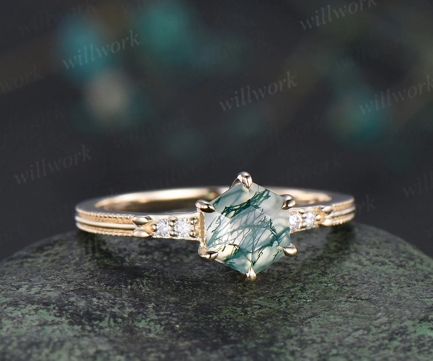 Hexagon cut moss agate engagement ring solid yellow gold moss agate five stone ring six prongs milgrain diamond wedding ring for women sold by Willwork Jewelry product image thumbnail 3