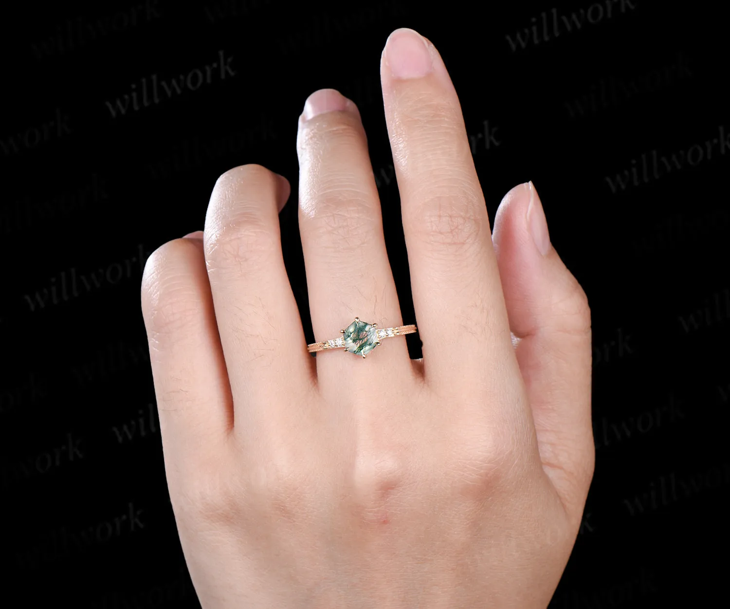 Hexagon cut moss agate engagement ring solid yellow gold moss agate five stone ring six prongs milgrain diamond wedding ring for women sold by Willwork Jewelry product image thumbnail 2