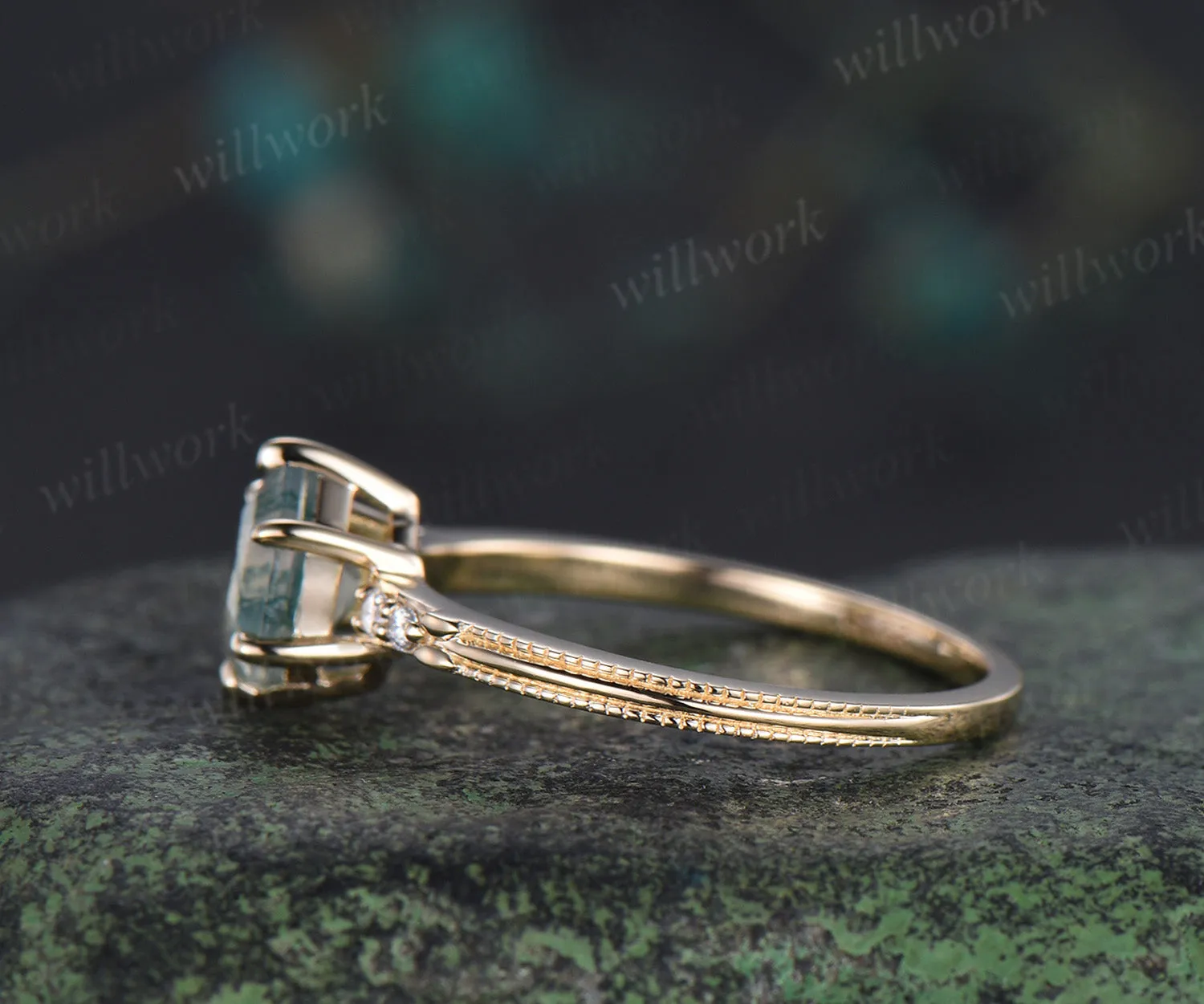Hexagon cut moss agate engagement ring solid yellow gold moss agate five stone ring six prongs milgrain diamond wedding ring for women sold by Willwork Jewelry product image thumbnail 4