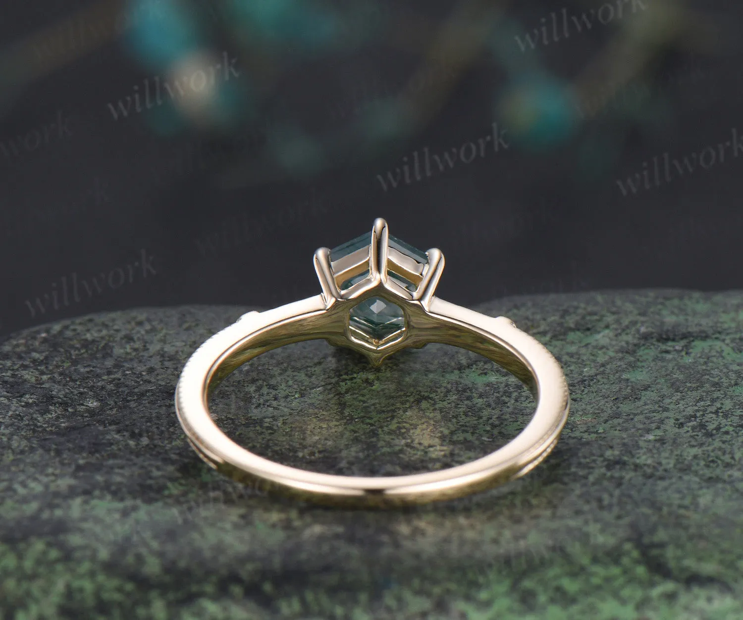 Hexagon cut moss agate engagement ring solid yellow gold moss agate five stone ring six prongs milgrain diamond wedding ring for women sold by Willwork Jewelry product image thumbnail 5
