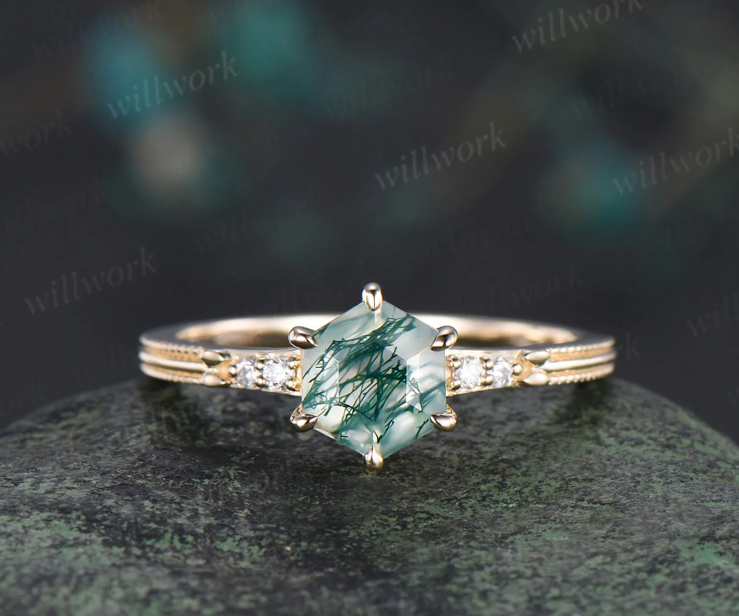 Hexagon cut moss agate engagement ring solid yellow gold moss agate five stone ring six prongs milgrain diamond wedding ring for women sold by Willwork Jewelry