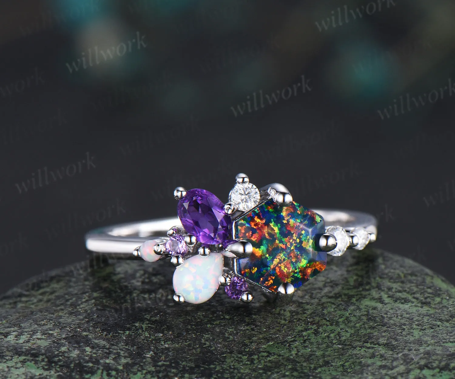 Unique hexagon cut black fire opal engagement ring magic fire opal galaxy amethyst opal cluster ring bridal anniversary gifts sold by Willwork Jewelry product image thumbnail 3