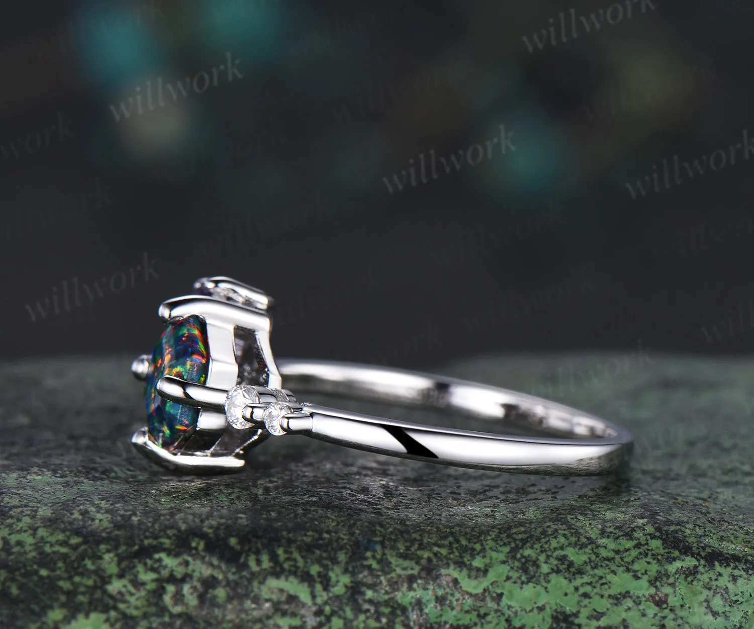 Unique hexagon cut black fire opal engagement ring magic fire opal galaxy amethyst opal cluster ring bridal anniversary gifts sold by Willwork Jewelry product image thumbnail 4