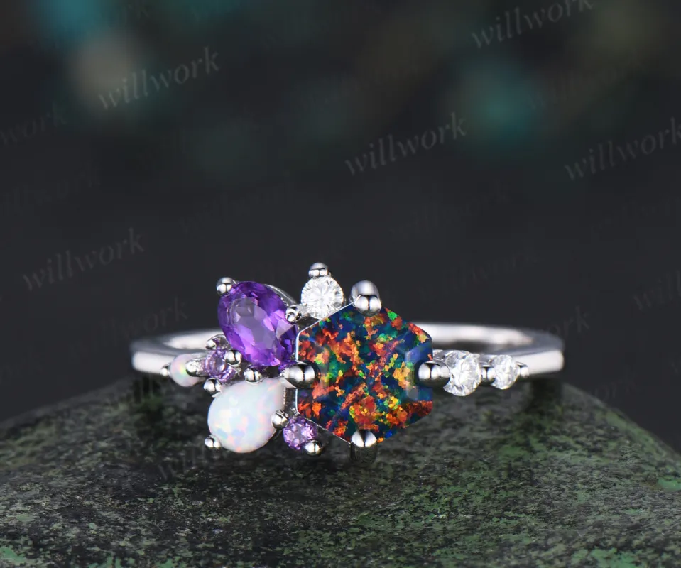 Unique hexagon cut black fire opal engagement ring magic fire opal galaxy amethyst opal cluster ring bridal anniversary gifts sold by Willwork Jewelry