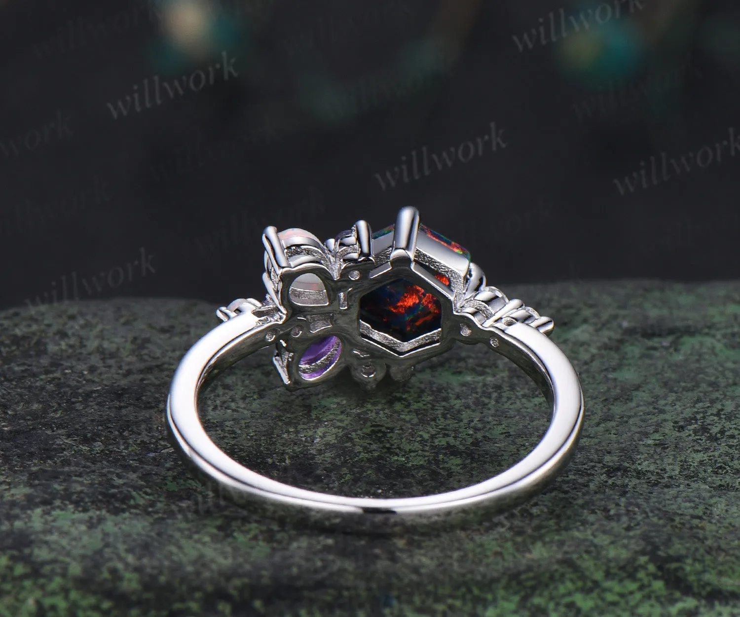 Unique hexagon cut black fire opal engagement ring magic fire opal galaxy amethyst opal cluster ring bridal anniversary gifts sold by Willwork Jewelry product image thumbnail 5