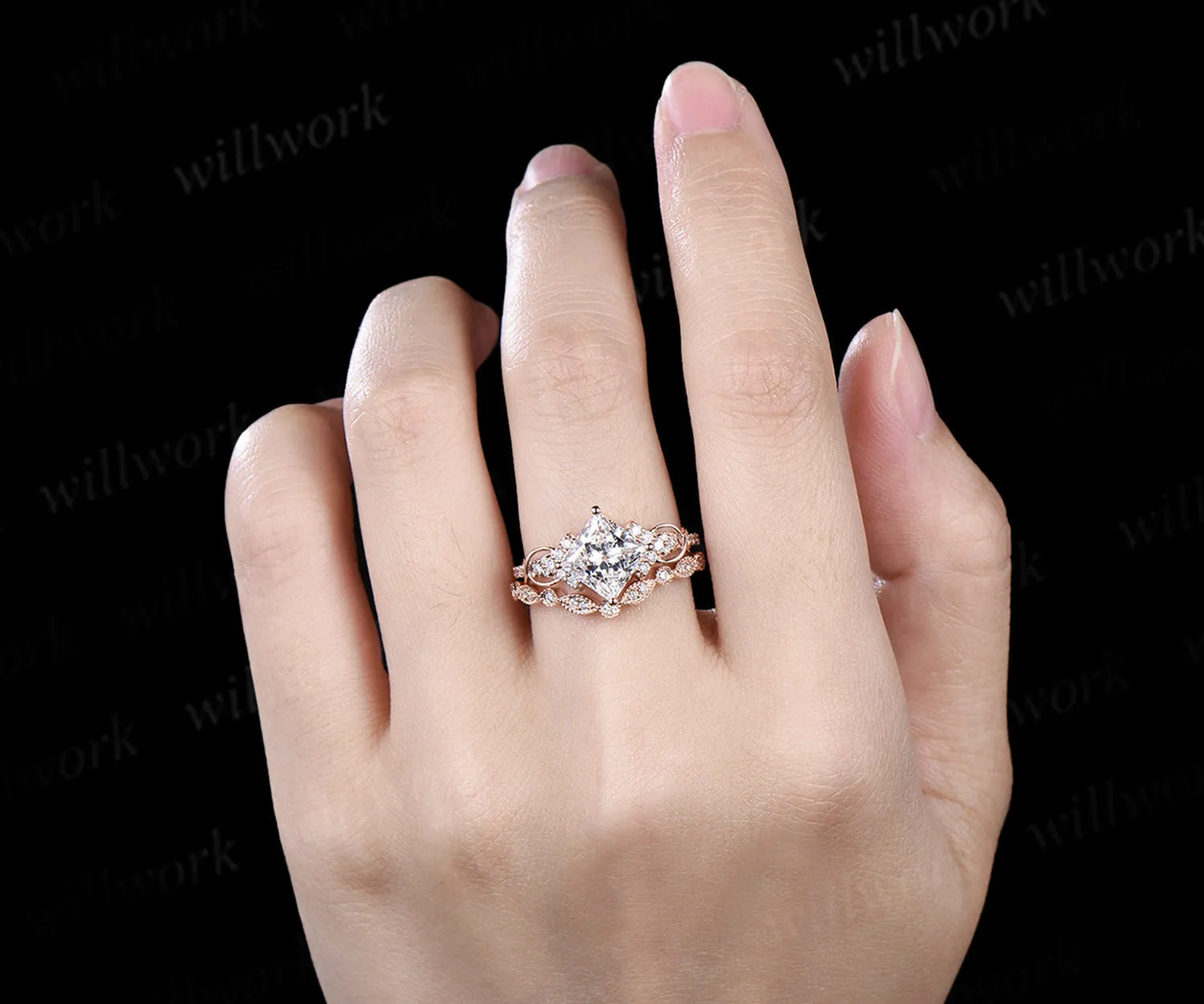 Princess cut IGI lab grown diamond engagement ring set infinity cluster ring milgrain diamond matching band timeless bridal set sold by Willwork Jewelry product image thumbnail 2