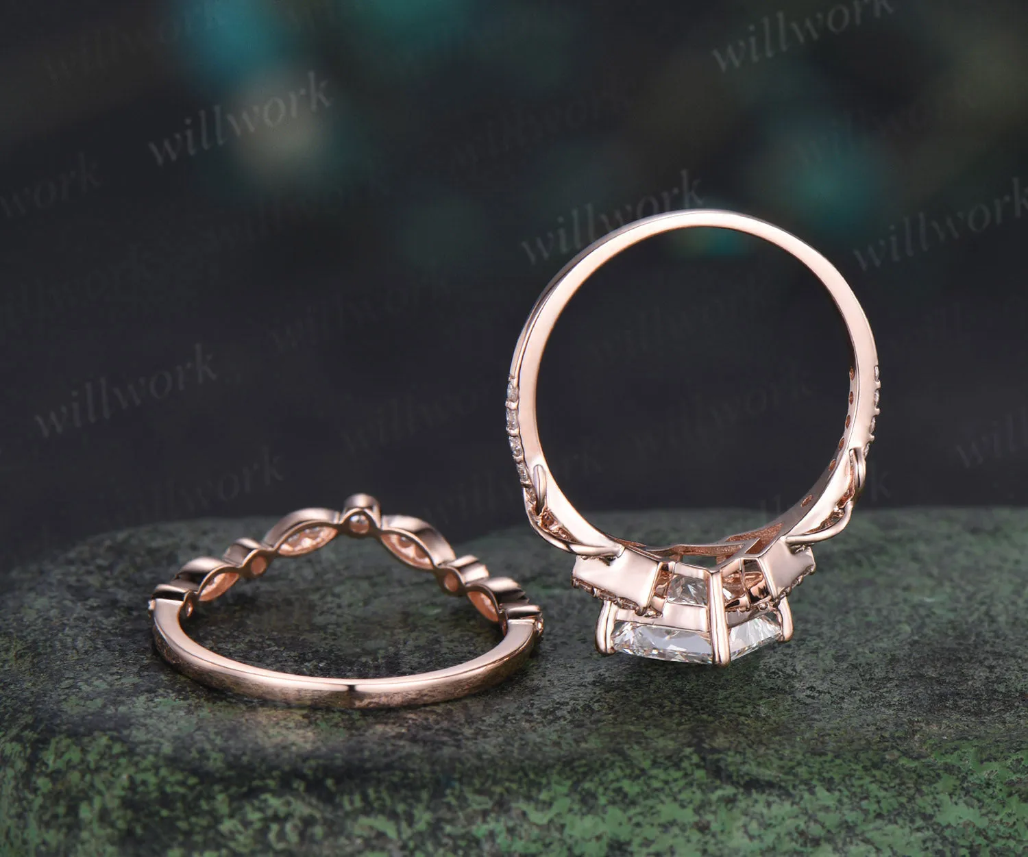 Princess cut IGI lab grown diamond engagement ring set infinity cluster ring milgrain diamond matching band timeless bridal set sold by Willwork Jewelry product image thumbnail 5