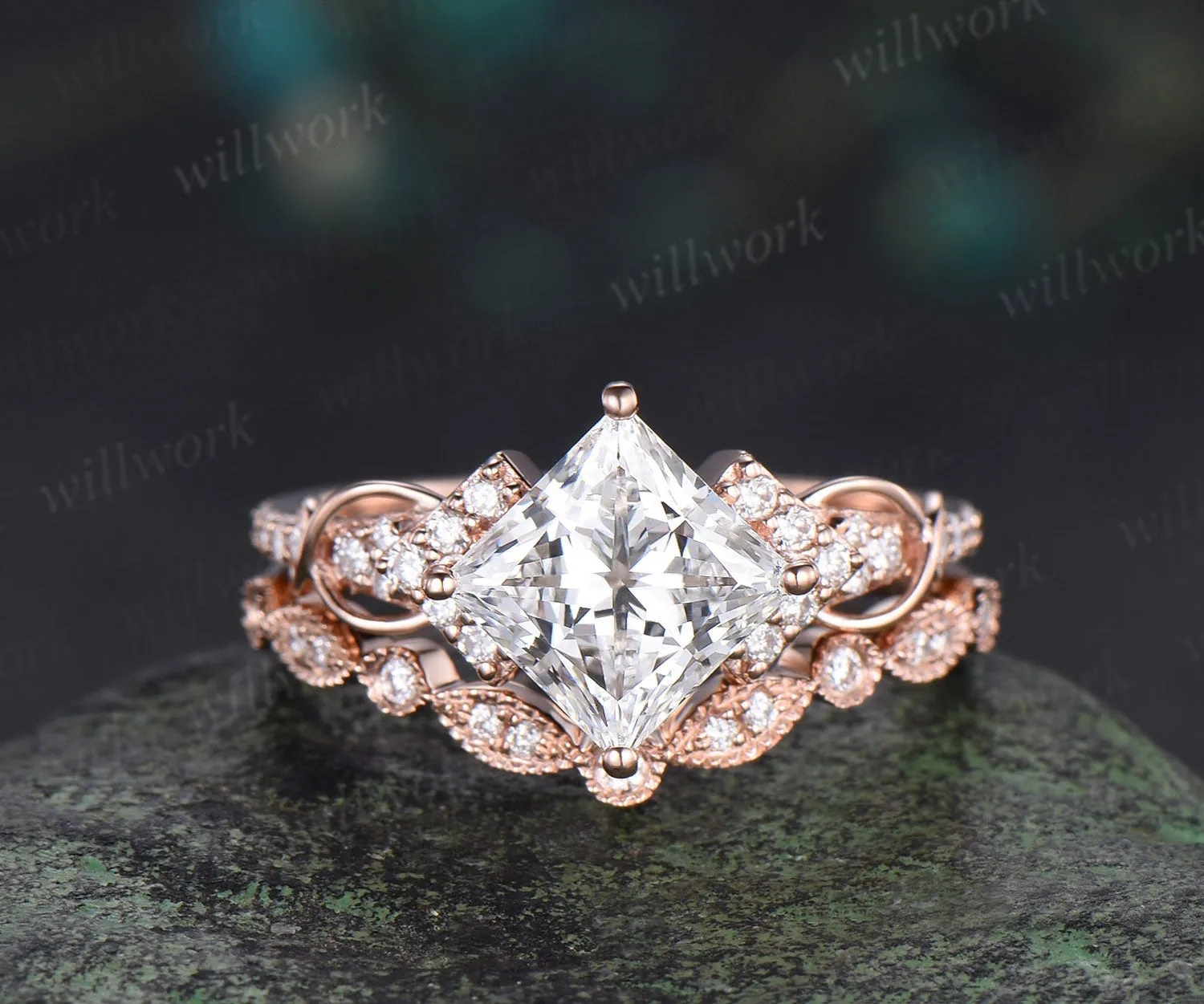 Princess cut IGI lab grown diamond engagement ring set infinity cluster ring milgrain diamond matching band timeless bridal set sold by Willwork Jewelry