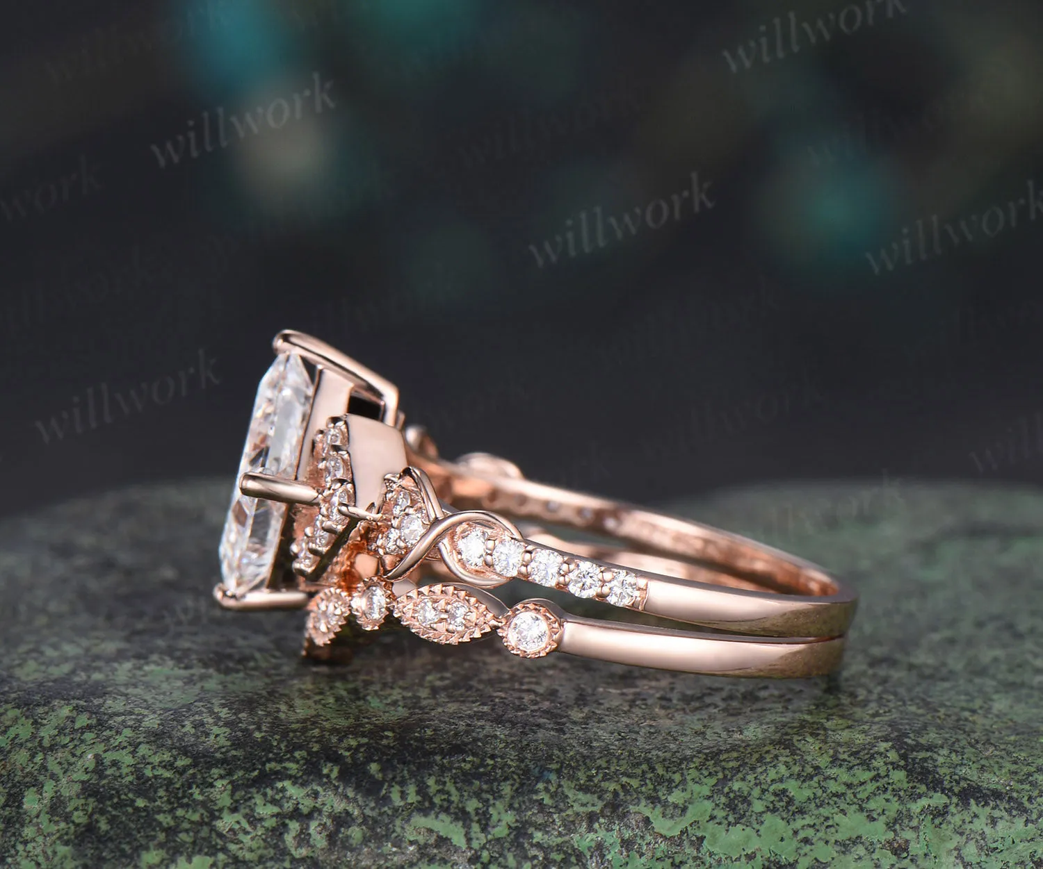Princess cut IGI lab grown diamond engagement ring set infinity cluster ring milgrain diamond matching band timeless bridal set sold by Willwork Jewelry product image thumbnail 4