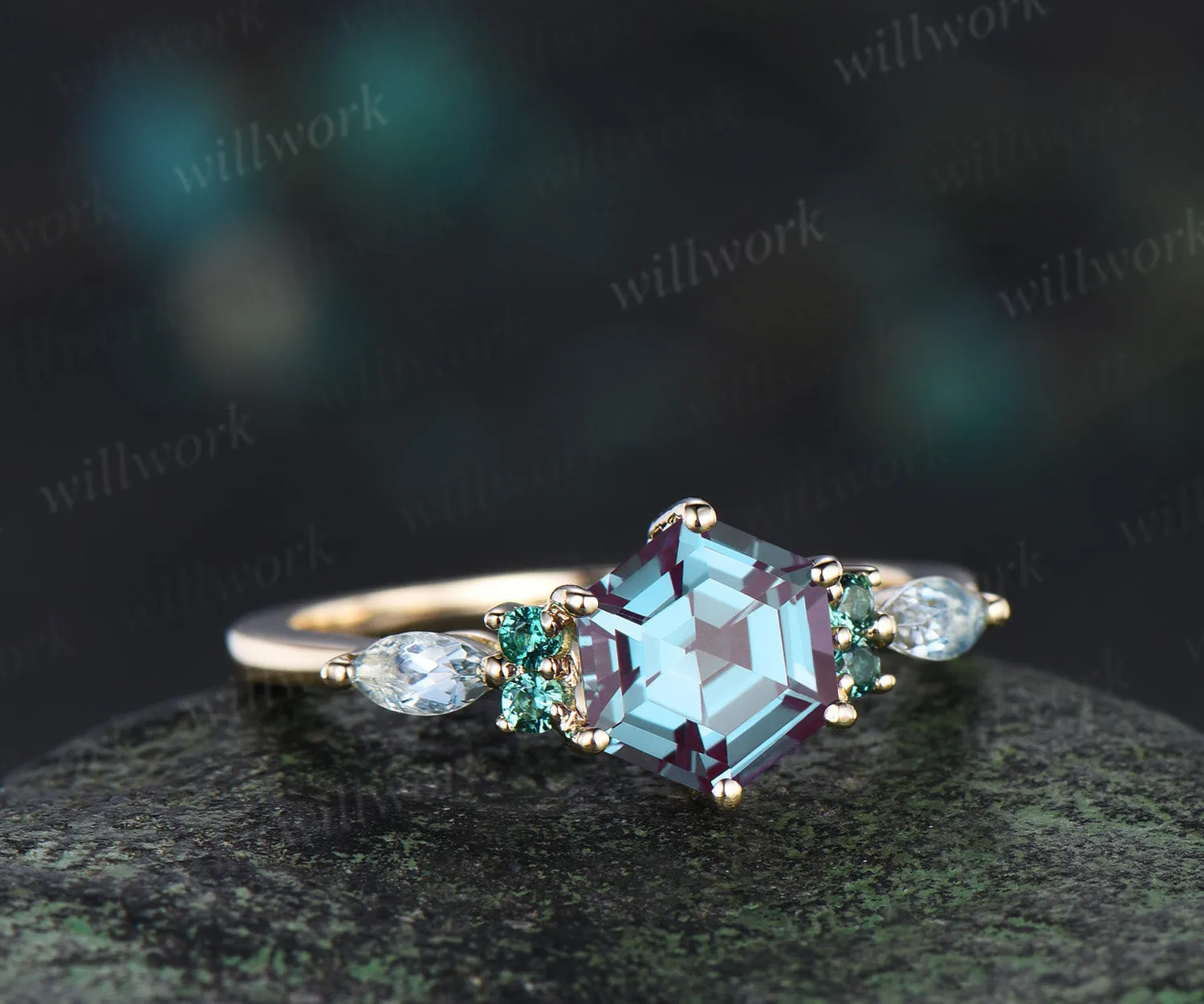 Hexagon cut alexandrite engagement ring round emerald marquise moonstone seven stone ring unique color change gem ring for women sold by Willwork Jewelry product image thumbnail 3