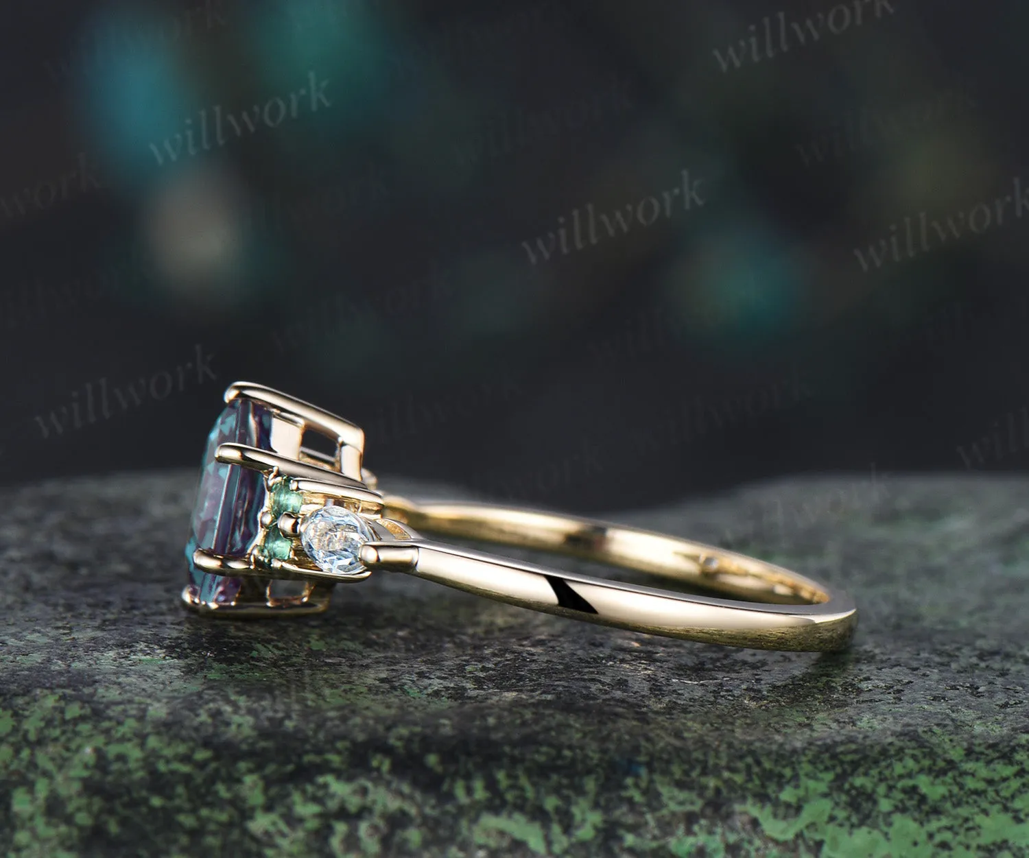 Hexagon cut alexandrite engagement ring round emerald marquise moonstone seven stone ring unique color change gem ring for women sold by Willwork Jewelry product image thumbnail 4