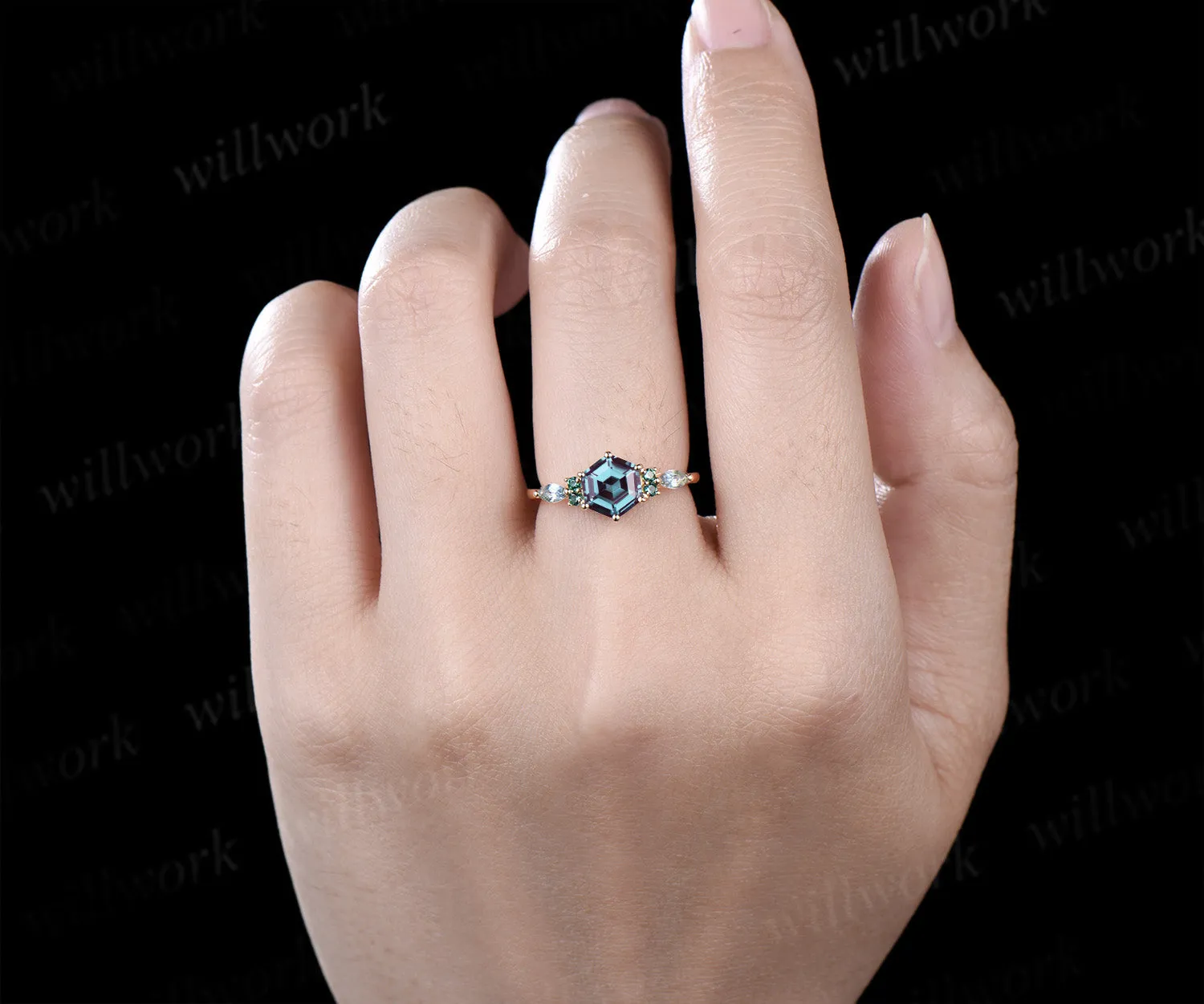 Hexagon cut alexandrite engagement ring round emerald marquise moonstone seven stone ring unique color change gem ring for women sold by Willwork Jewelry product image thumbnail 2