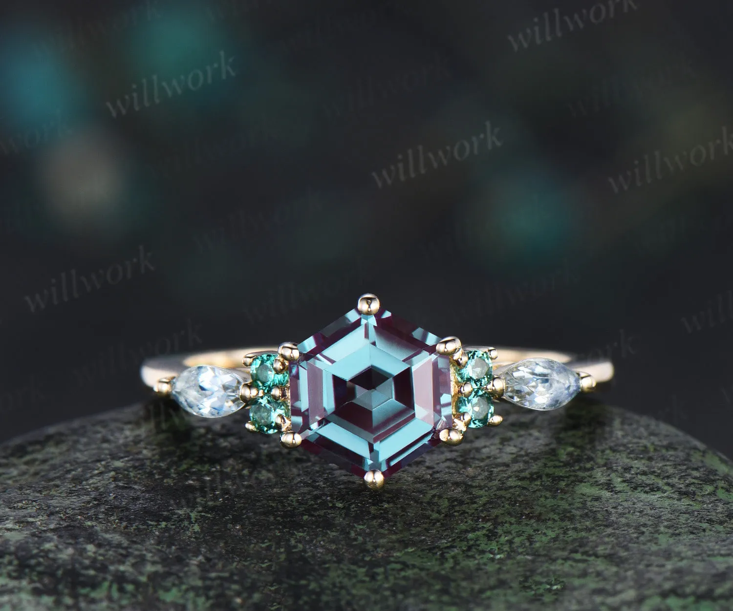 Hexagon cut alexandrite engagement ring round emerald marquise moonstone seven stone ring unique color change gem ring for women sold by Willwork Jewelry