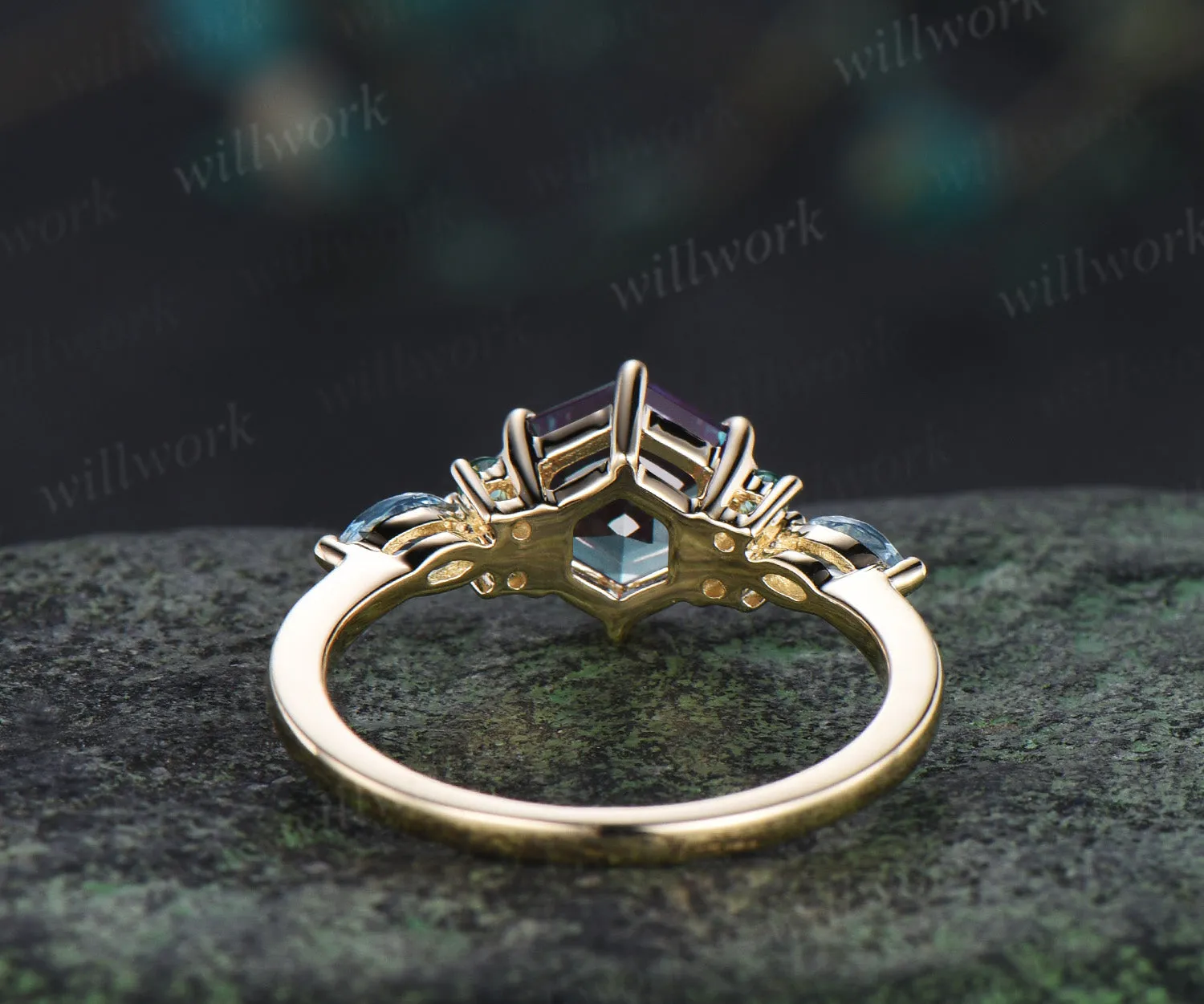 Hexagon cut alexandrite engagement ring round emerald marquise moonstone seven stone ring unique color change gem ring for women sold by Willwork Jewelry product image thumbnail 5