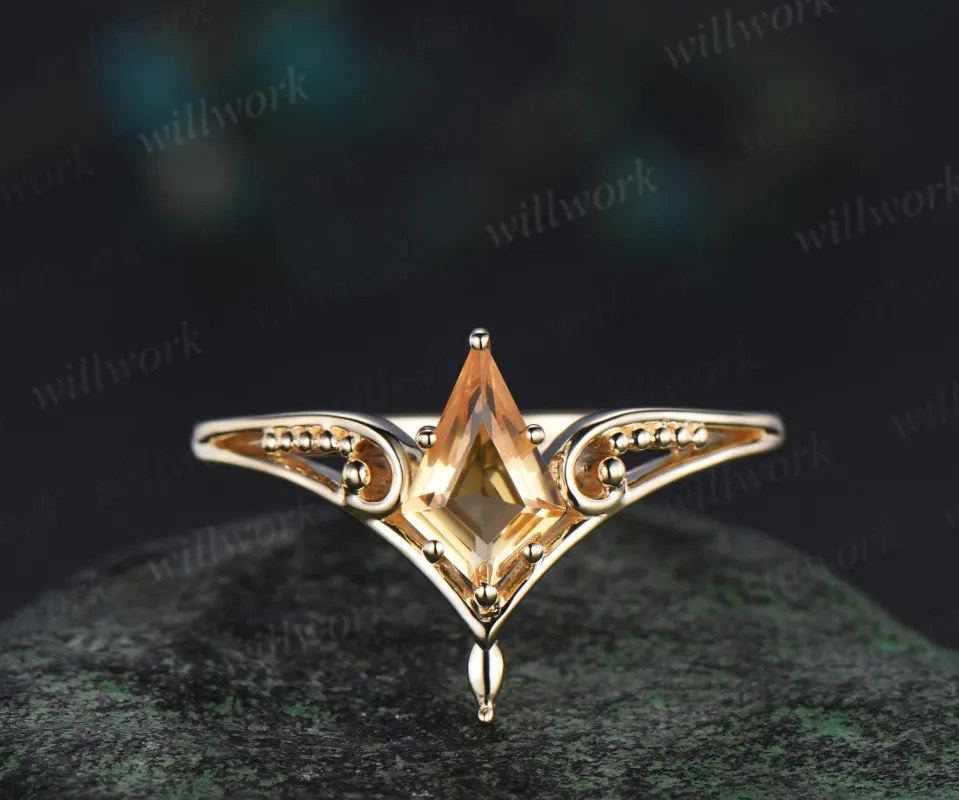 Vintage kite cut citrin engagement ring solitaire split shank milgrain wedding ring November birthstone gifts made by Willwork Jewelry