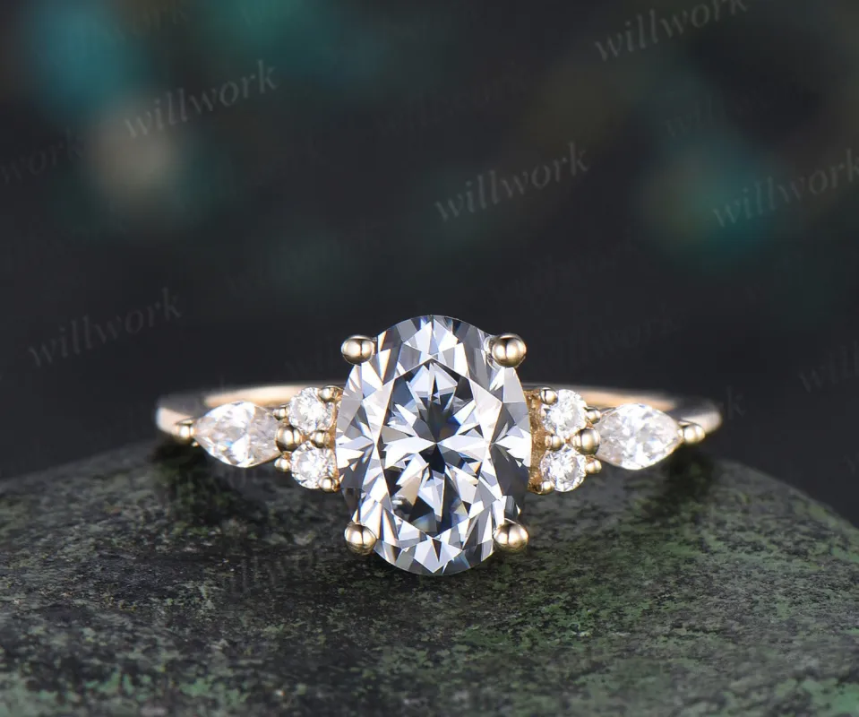 7x9mm Oval cut gray moissanite engagement ring classic seven stone marquise moissanite bridal ring unique gifts for women made by Willwork Jewelry