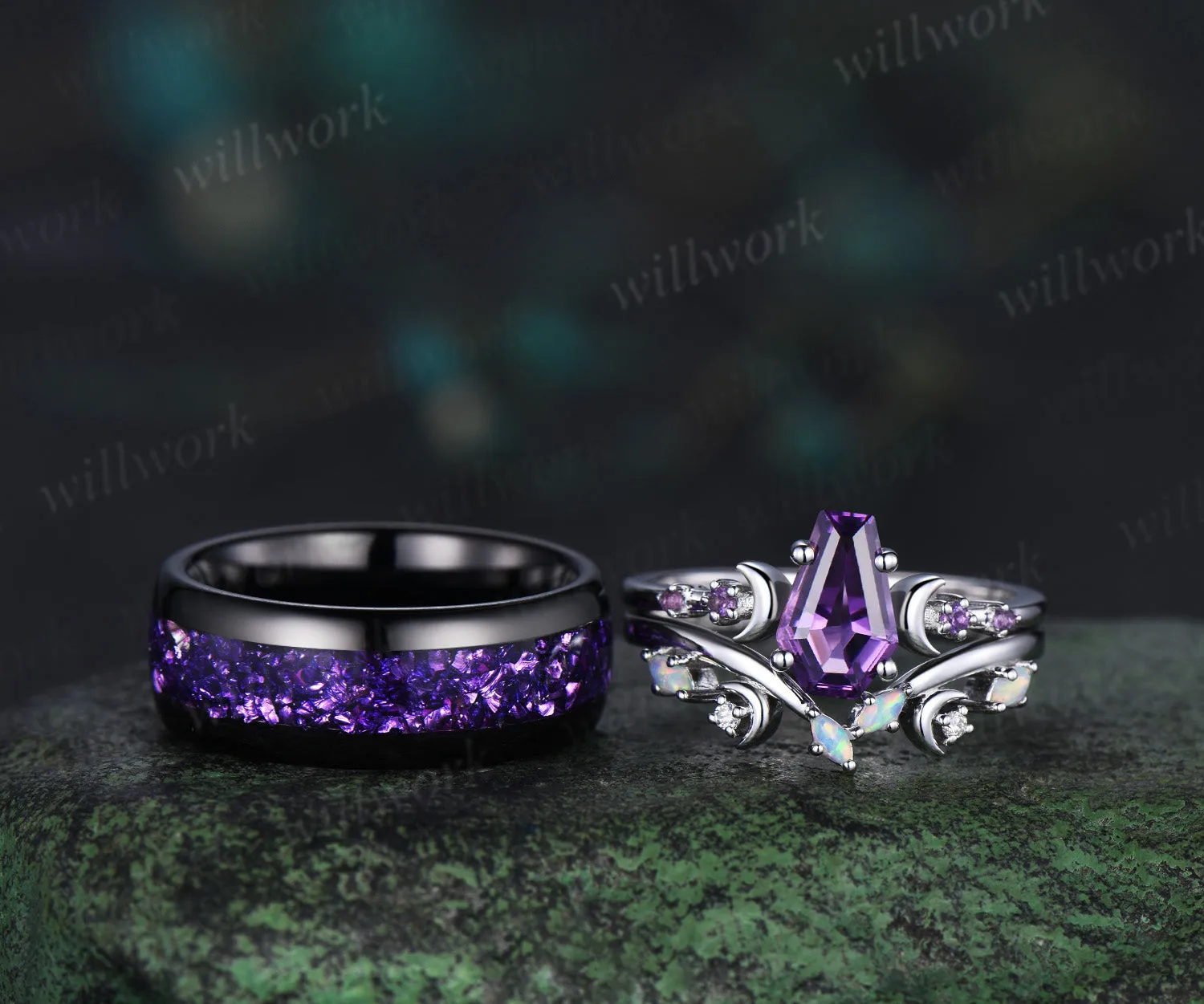 Unique Coffin Kite Cut Amethyst Moon Bridal Ring Set & Tungsten Amethyst Men Wedding Band His and Her Couple Ring Set sold by Willwork Jewelry product image thumbnail 3