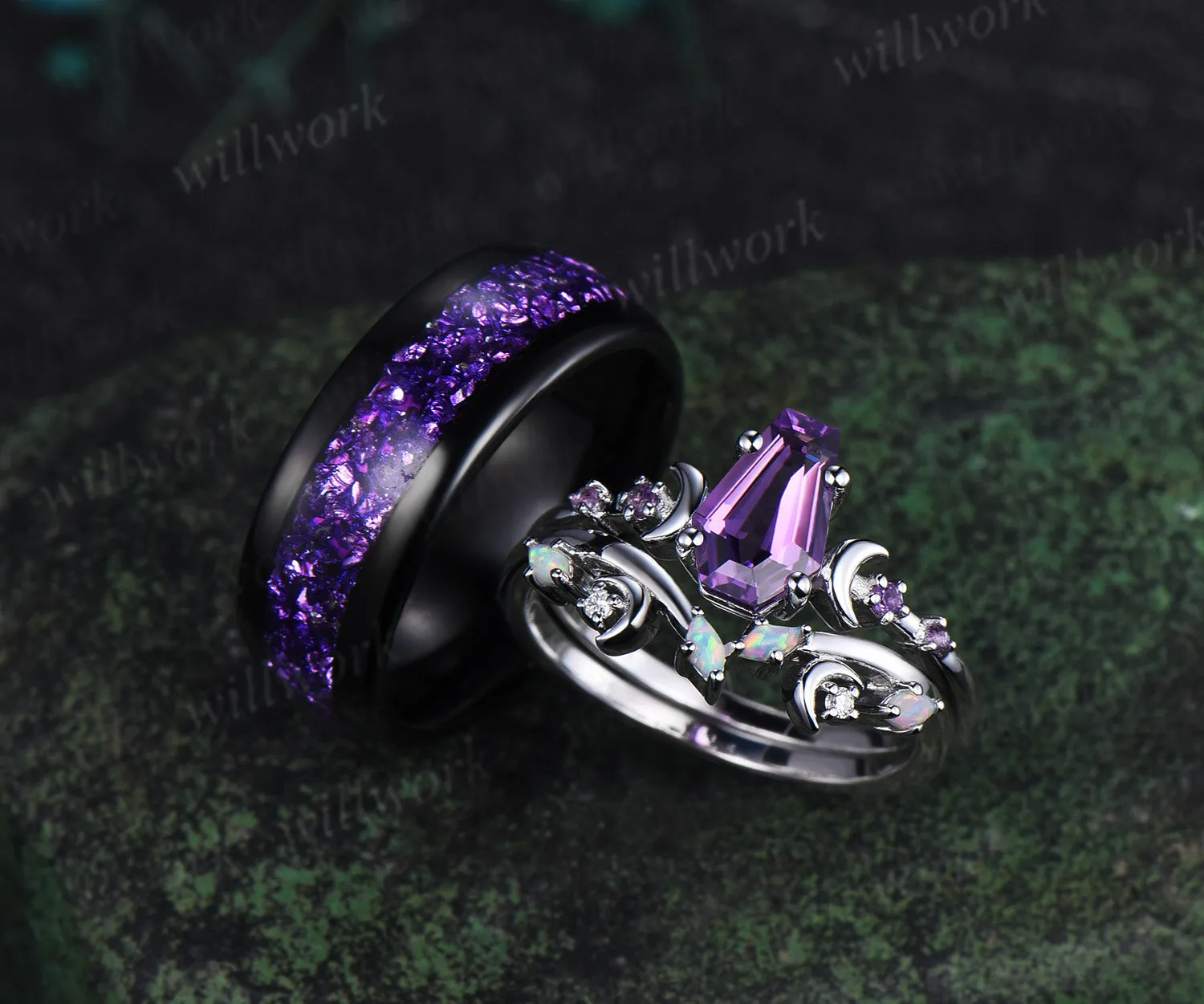 Unique Coffin Kite Cut Amethyst Moon Bridal Ring Set & Tungsten Amethyst Men Wedding Band His and Her Couple Ring Set sold by Willwork Jewelry