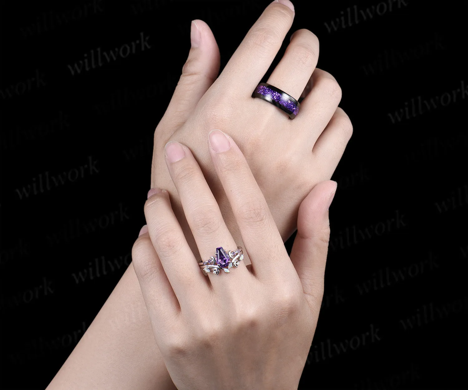 Unique Coffin Kite Cut Amethyst Moon Bridal Ring Set & Tungsten Amethyst Men Wedding Band His and Her Couple Ring Set sold by Willwork Jewelry product image thumbnail 2