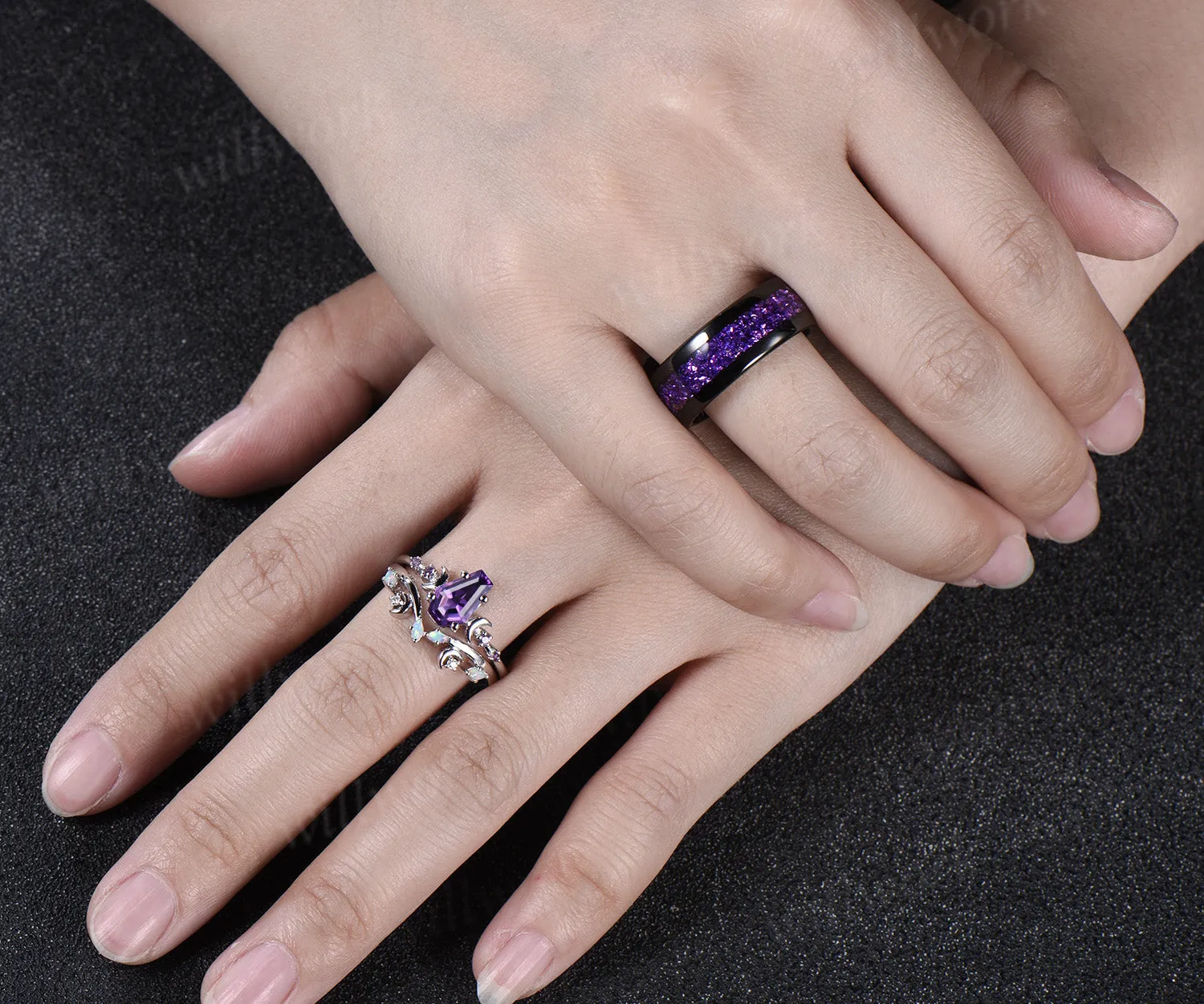 Unique Coffin Kite Cut Amethyst Moon Bridal Ring Set & Tungsten Amethyst Men Wedding Band His and Her Couple Ring Set sold by Willwork Jewelry product image thumbnail 5