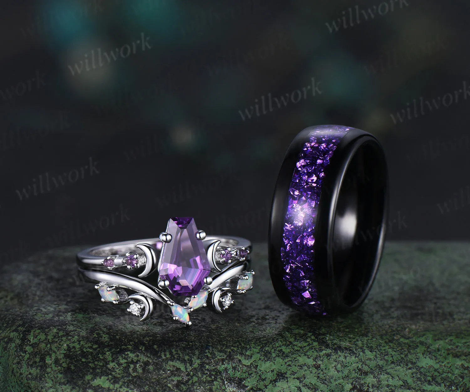 Unique Coffin Kite Cut Amethyst Moon Bridal Ring Set & Tungsten Amethyst Men Wedding Band His and Her Couple Ring Set sold by Willwork Jewelry product image thumbnail 4