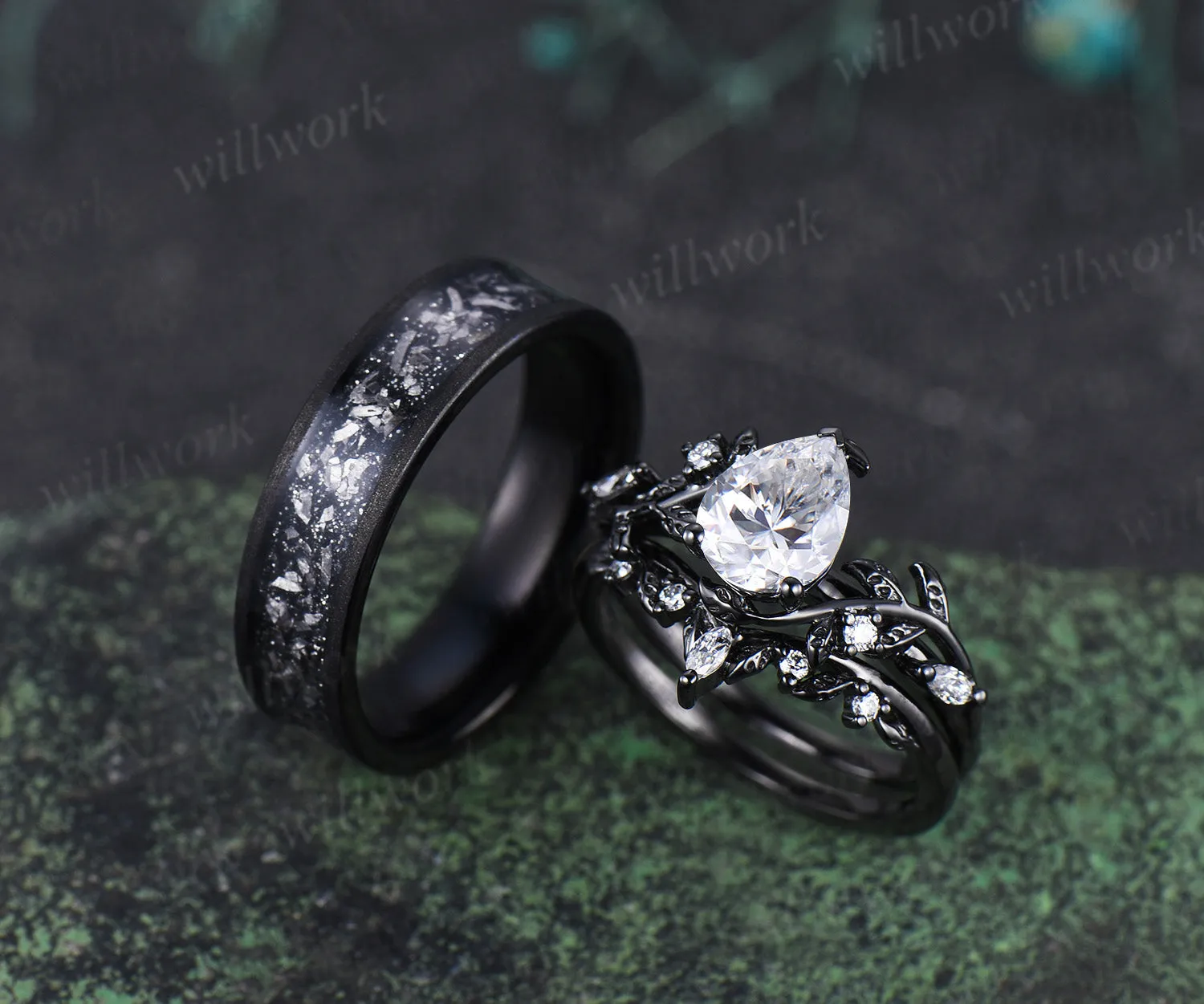 Nature Inspired Pear Moissanite Twig Leaf Bridal Ring Set & Men Tungsten Wedding Band Romantic Couple Jewelry Set sold by Willwork Jewelry