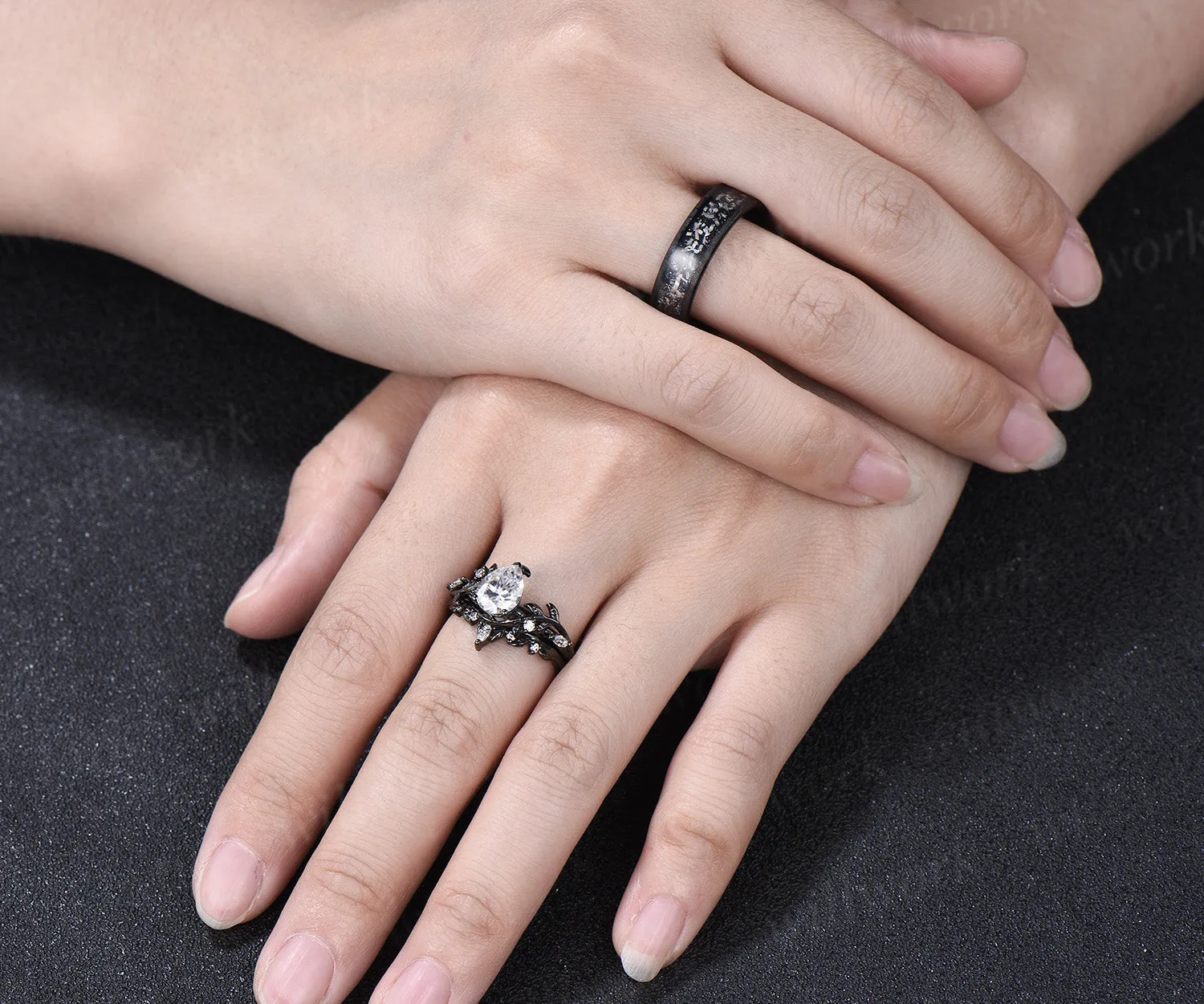 Nature Inspired Pear Moissanite Twig Leaf Bridal Ring Set & Men Tungsten Wedding Band Romantic Couple Jewelry Set sold by Willwork Jewelry product image thumbnail 2