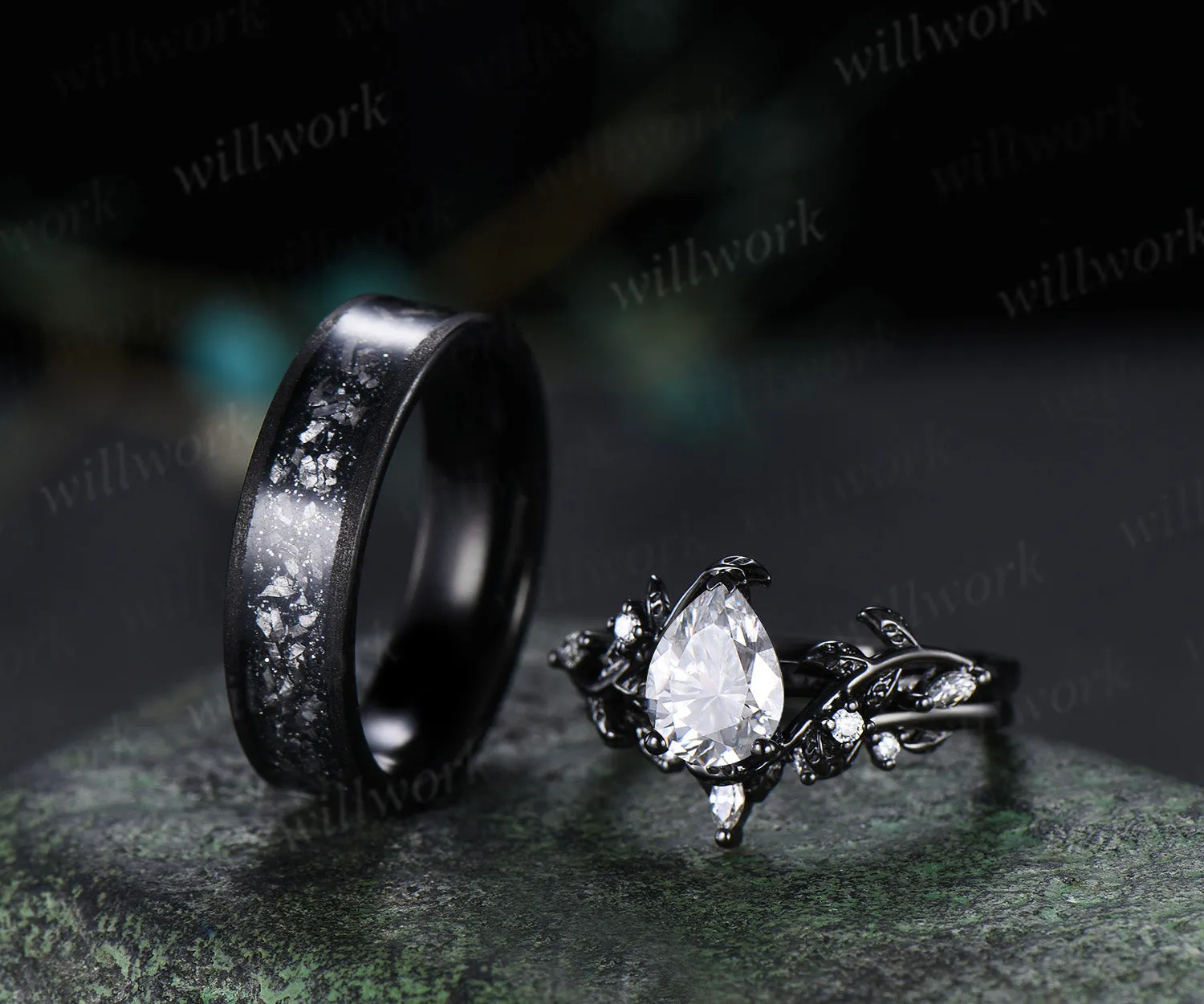 Nature Inspired Pear Moissanite Twig Leaf Bridal Ring Set & Men Tungsten Wedding Band Romantic Couple Jewelry Set sold by Willwork Jewelry product image thumbnail 4