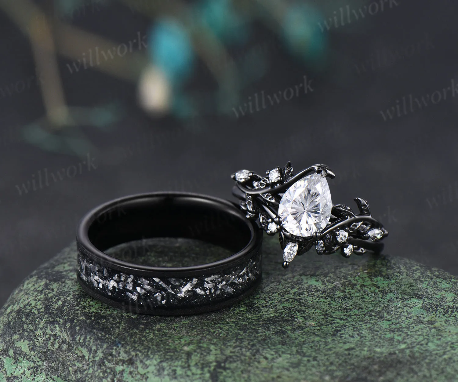 Nature Inspired Pear Moissanite Twig Leaf Bridal Ring Set & Men Tungsten Wedding Band Romantic Couple Jewelry Set sold by Willwork Jewelry product image thumbnail 3